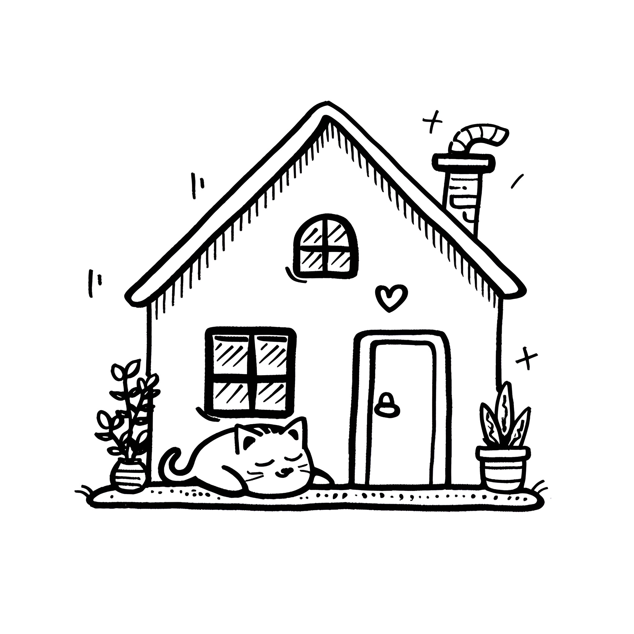 House with sleeping cat and potted plants Drawing Idea (free black-and-white line drawing printable PDF for all, from beginners to advanced learners, including children, teens, adults, and seniors)