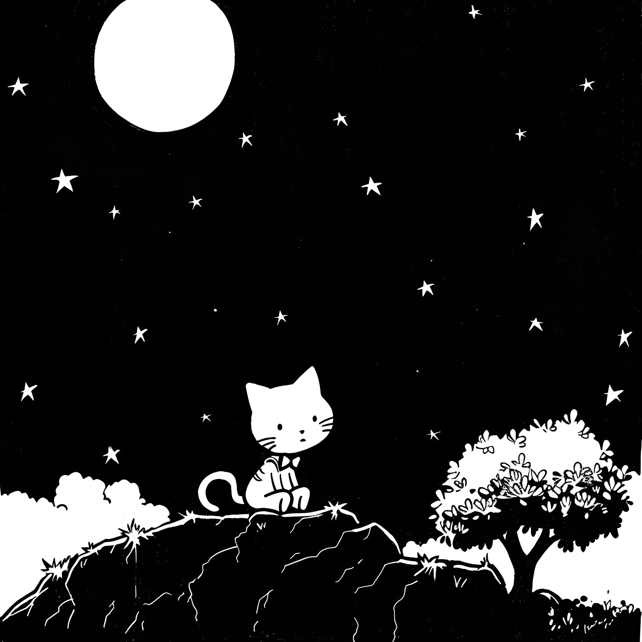Hello Kitty gazing at the starry night Drawing Idea (free black-and-white line drawing printable PDF for all, from beginners to advanced learners, including children, teens, adults, and seniors)
