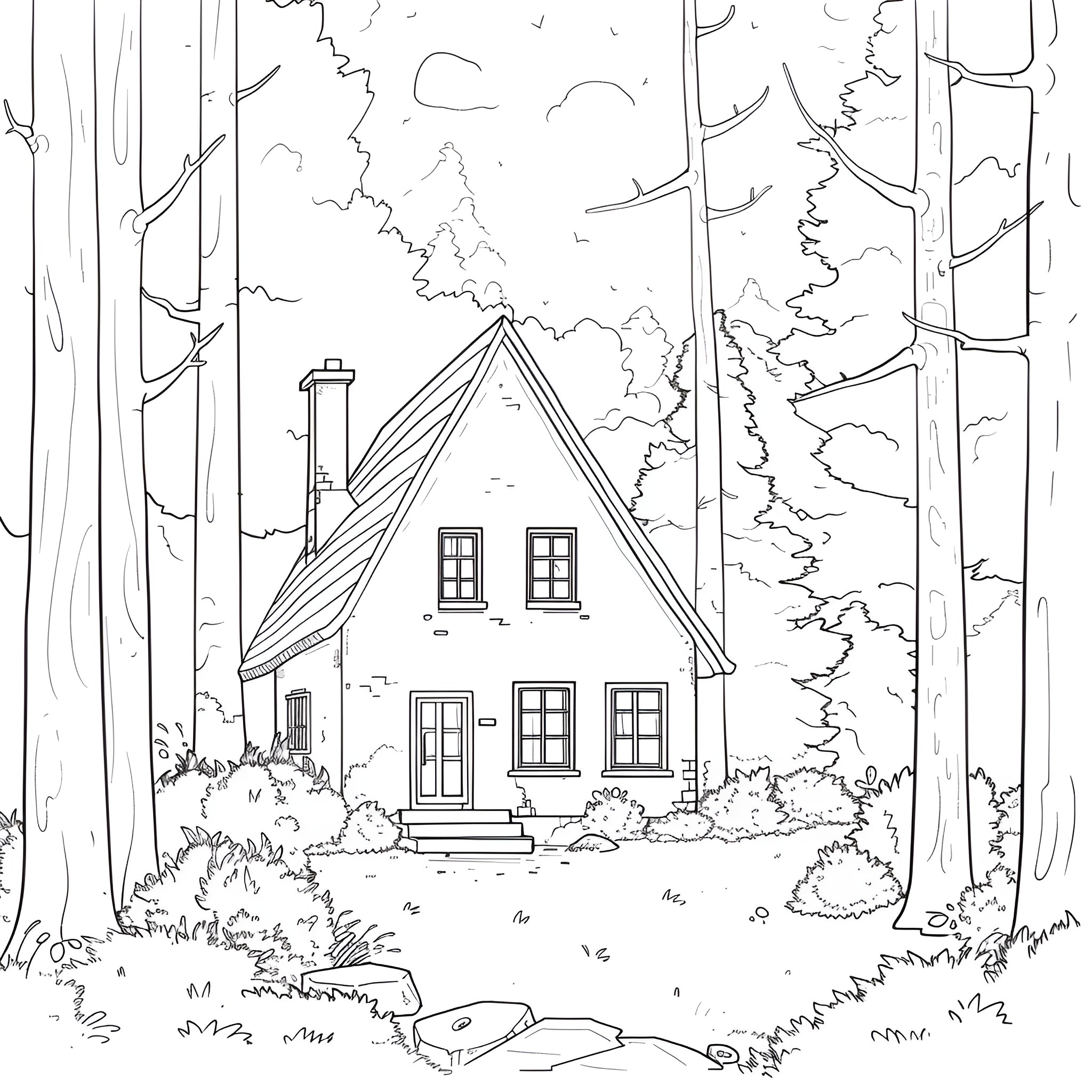 House in Forested Landscape Drawing Idea (free black-and-white line drawing printable PDF for all, from beginners to advanced learners, including children, teens, adults, and seniors)
