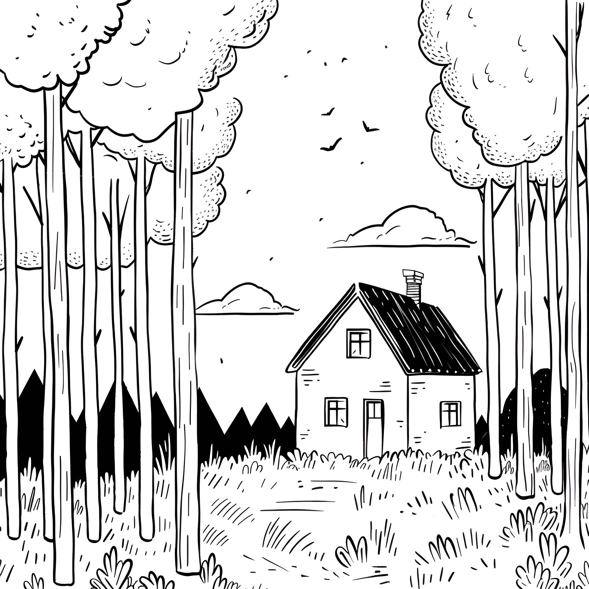 House in the Mysterious Forest Drawing Idea (free black-and-white line drawing printable PDF for all, from beginners to advanced learners, including children, teens, adults, and seniors)