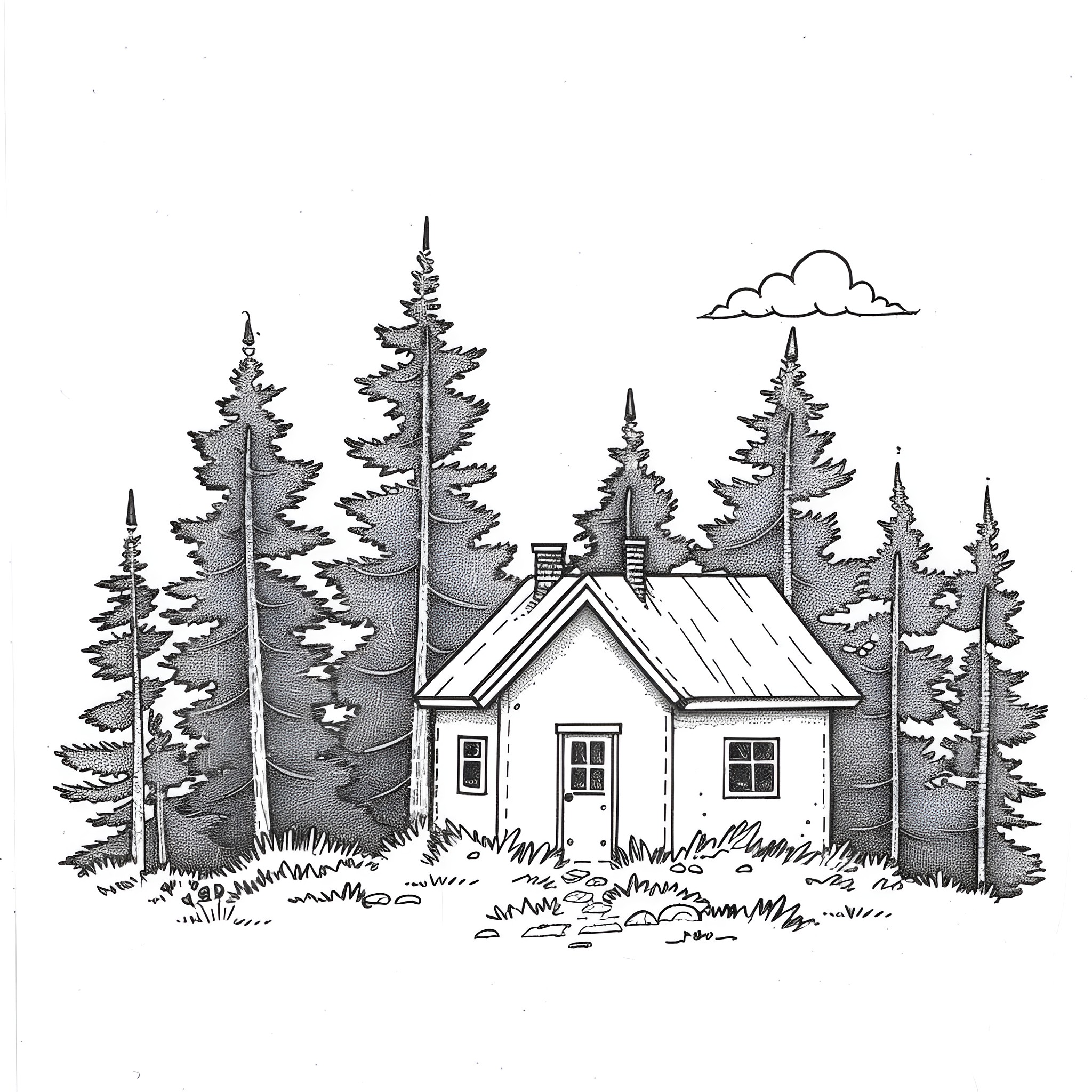 House in the Peaceful Forest Drawing Idea (free black-and-white line drawing printable PDF for all, from beginners to advanced learners, including children, teens, adults, and seniors)