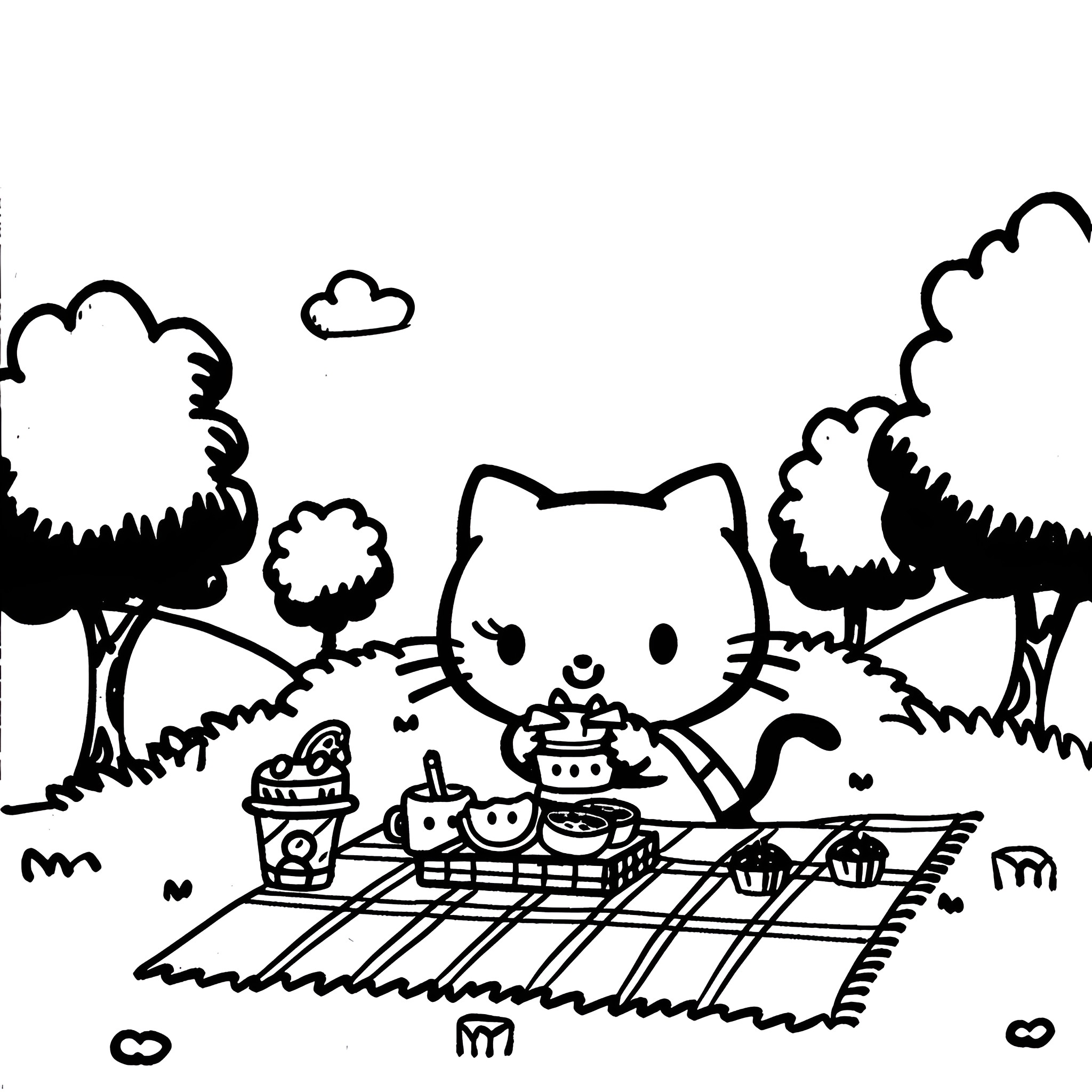Hello Kitty enjoying a picnic in the park Drawing Idea (free black-and-white line drawing printable PDF for all, from beginners to advanced learners, including children, teens, adults, and seniors)