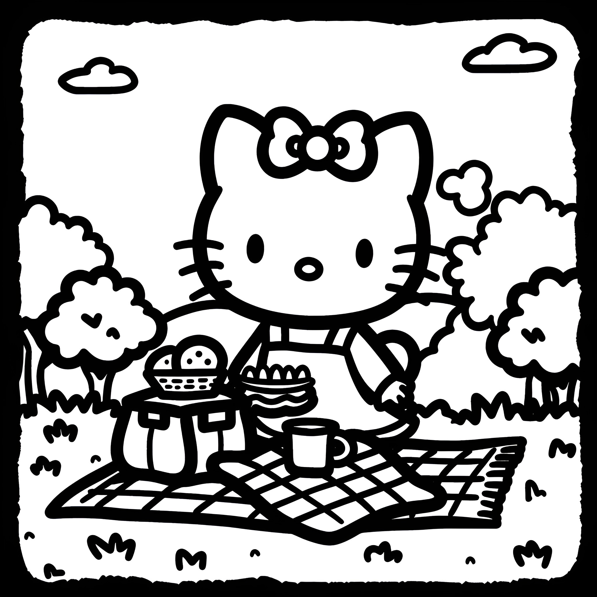 Hello Kitty enjoying a picnic Drawing Idea (free black-and-white line drawing printable PDF for all, from beginners to advanced learners, including children, teens, adults, and seniors)