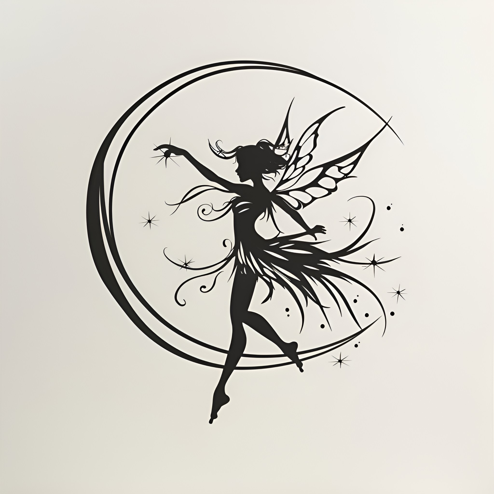 Fantasy Fairy Silhouette Dancing Under Moon Drawing Idea (free black-and-white line drawing printable PDF for all, from beginners to advanced learners, including children, teens, adults, and seniors)