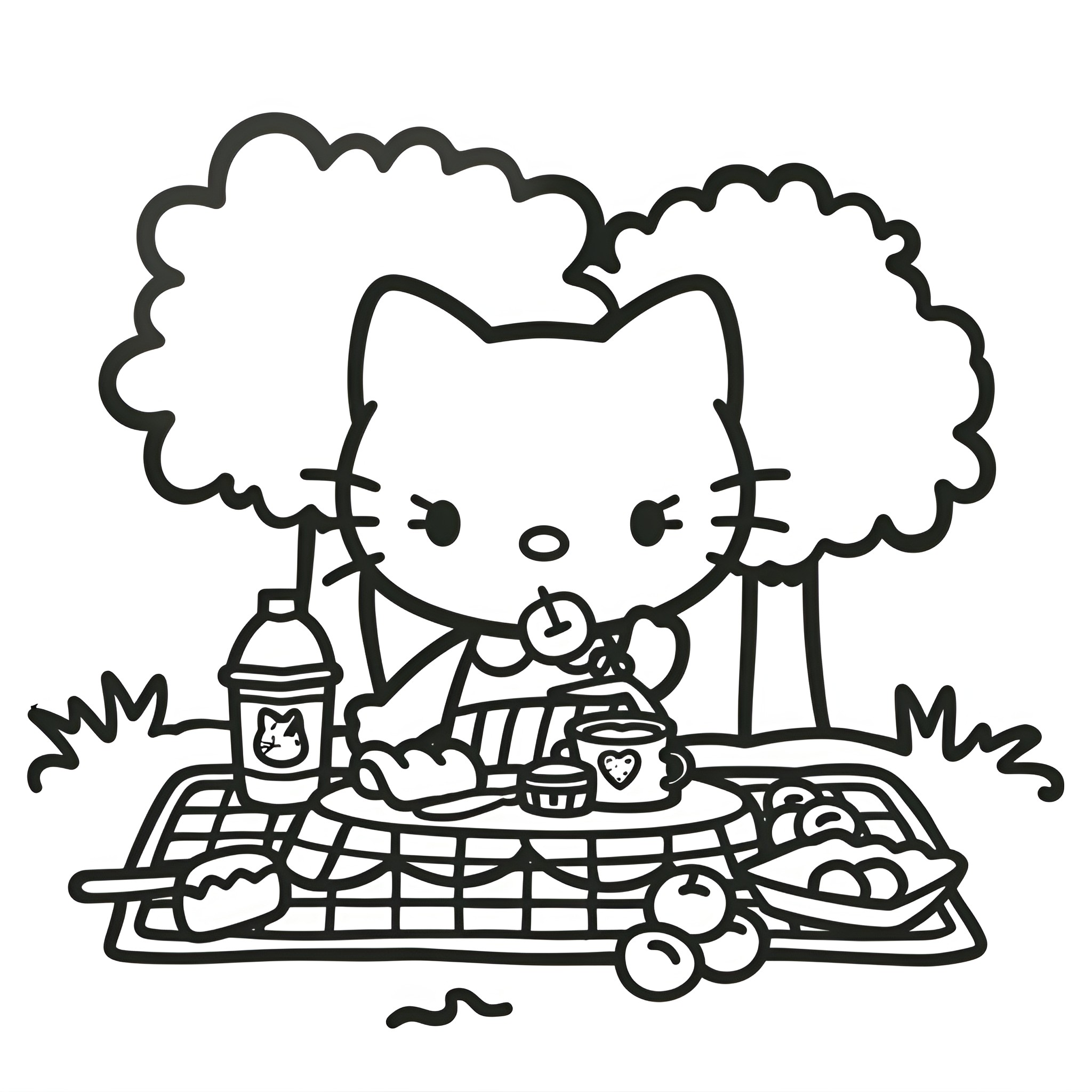 Hello Kitty having a picnic Drawing Idea (free black-and-white line drawing printable PDF for all, from beginners to advanced learners, including children, teens, adults, and seniors)