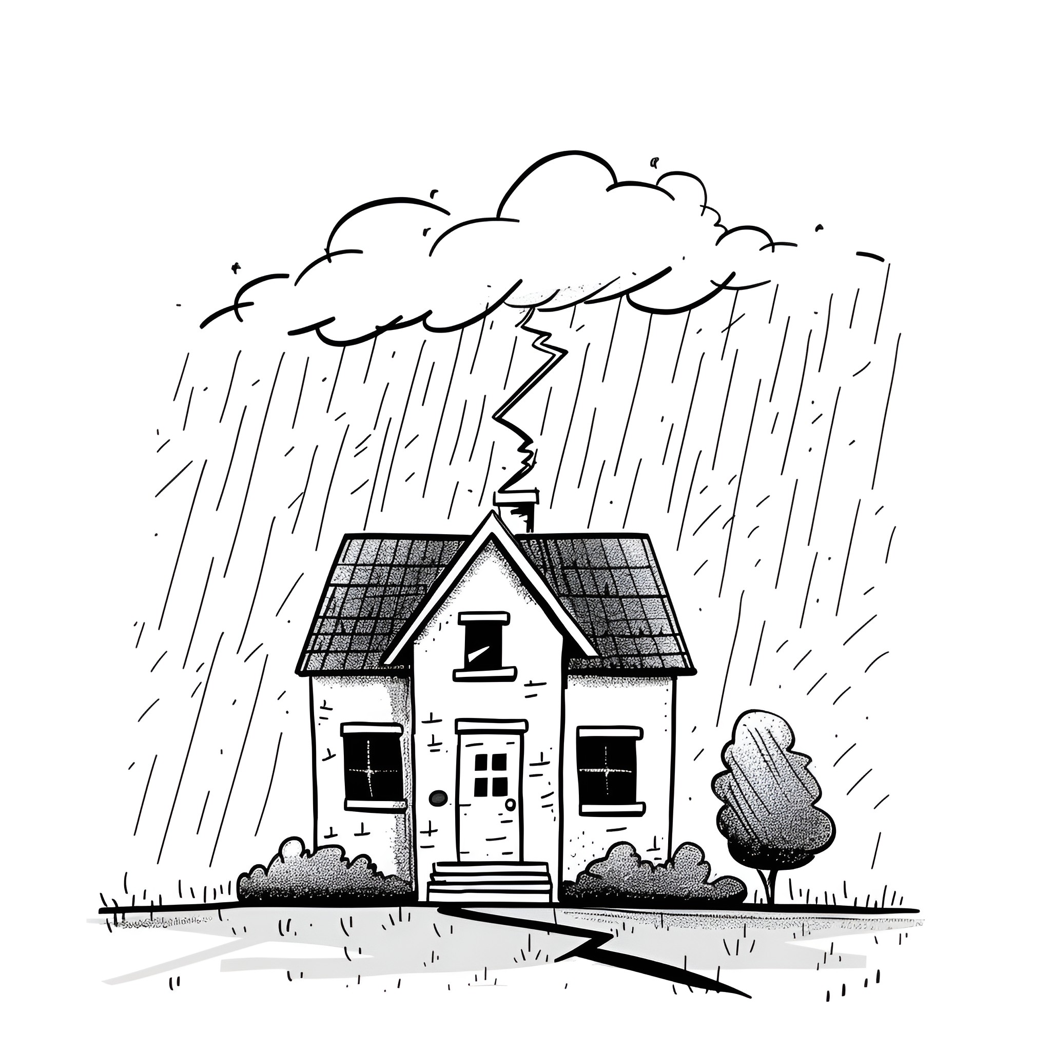 House in storm with lightning Drawing Idea (free black-and-white line drawing printable PDF for all, from beginners to advanced learners, including children, teens, adults, and seniors)