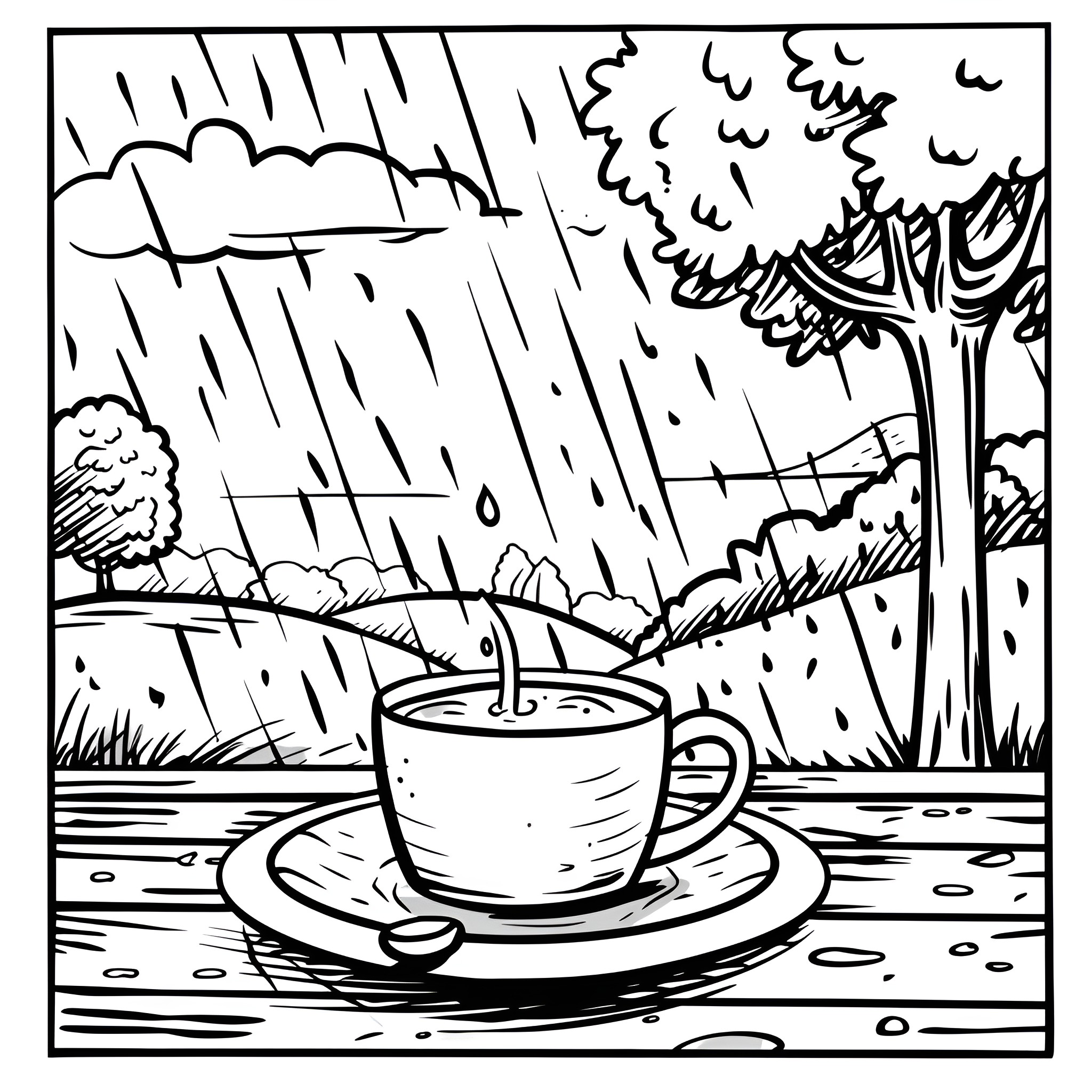 Coffee in the rain Drawing Idea (free black-and-white line drawing printable PDF for all, from beginners to advanced learners, including children, teens, adults, and seniors)
