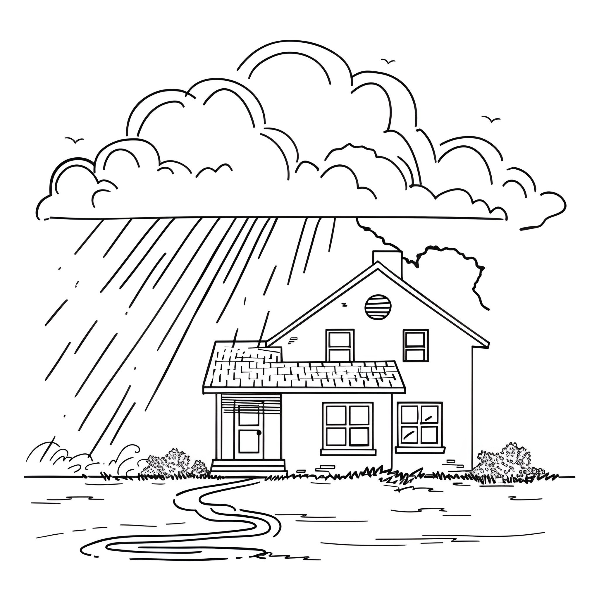 House in the rainy storm Drawing Idea (free black-and-white line drawing printable PDF for all, from beginners to advanced learners, including children, teens, adults, and seniors)