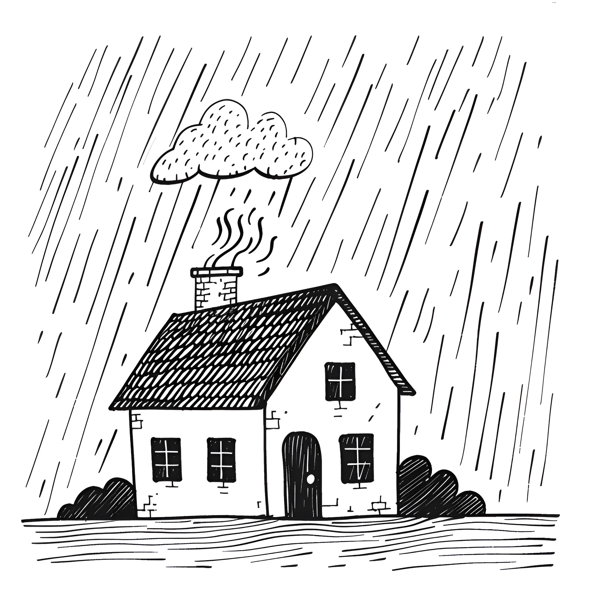 House in heavy rainstorm Drawing Idea (free black-and-white line drawing printable PDF for all, from beginners to advanced learners, including children, teens, adults, and seniors)