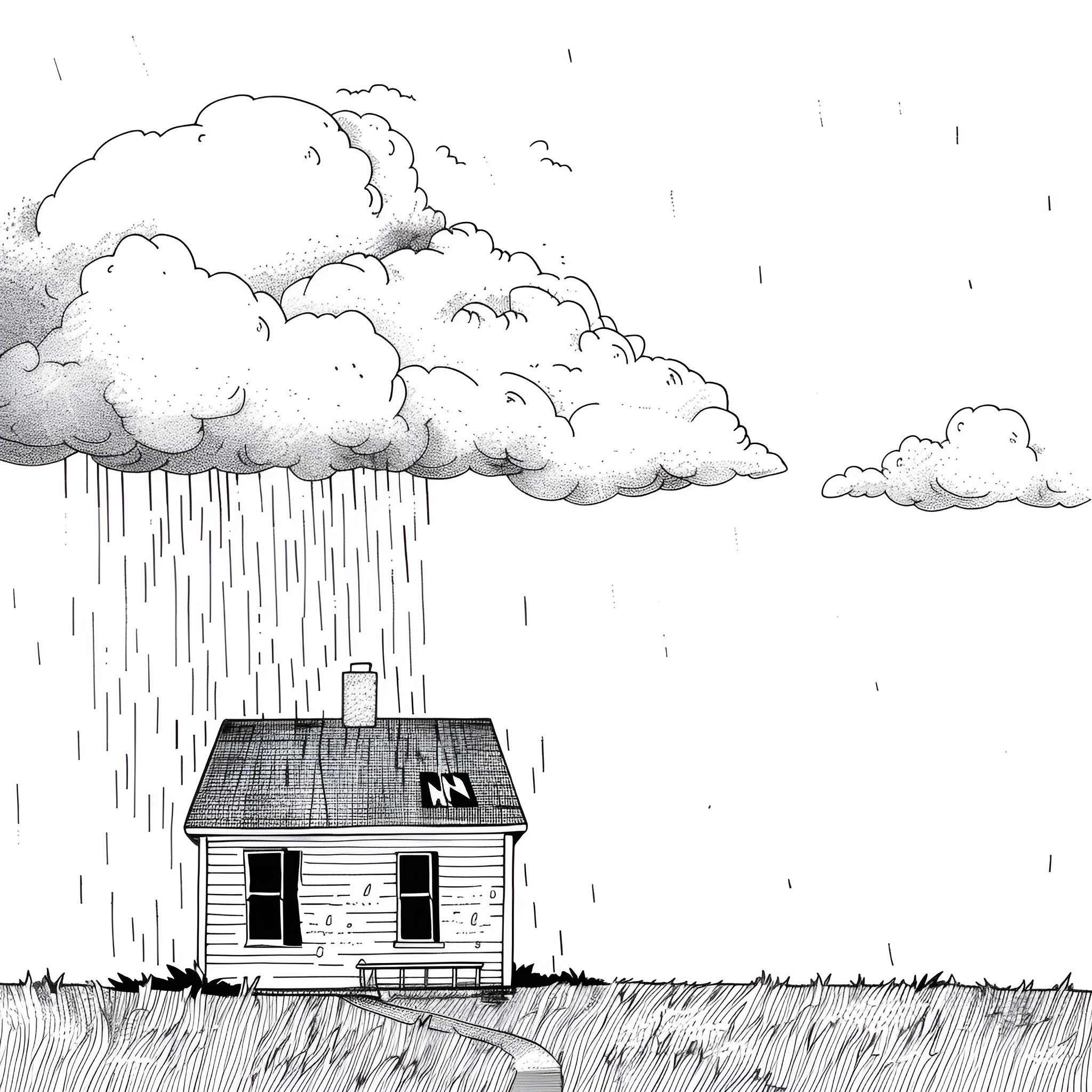 House in a stormy field Drawing Idea (free black-and-white line drawing printable PDF for all, from beginners to advanced learners, including children, teens, adults, and seniors)