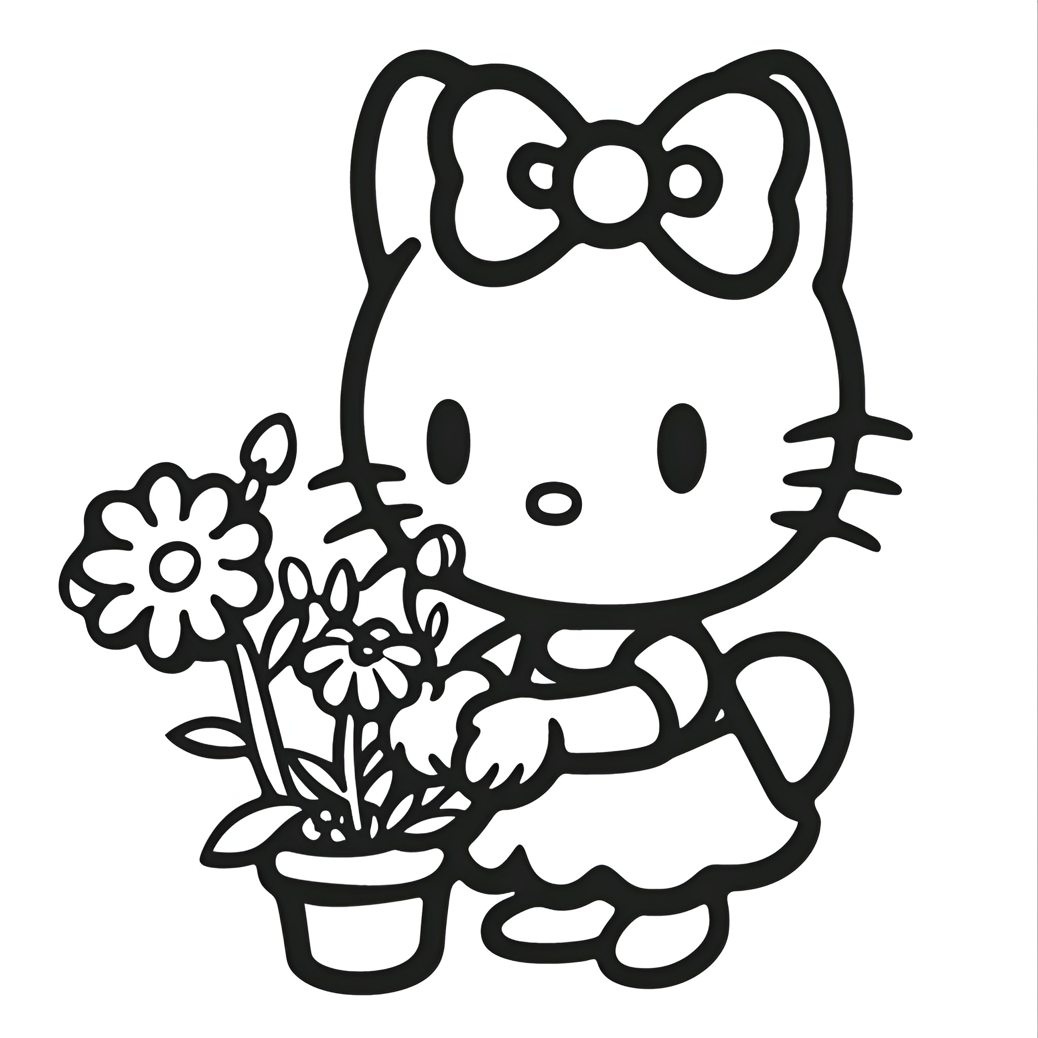 Hello Kitty holding flowers Drawing Idea (free black-and-white line drawing printable PDF for all, from beginners to advanced learners, including children, teens, adults, and seniors)