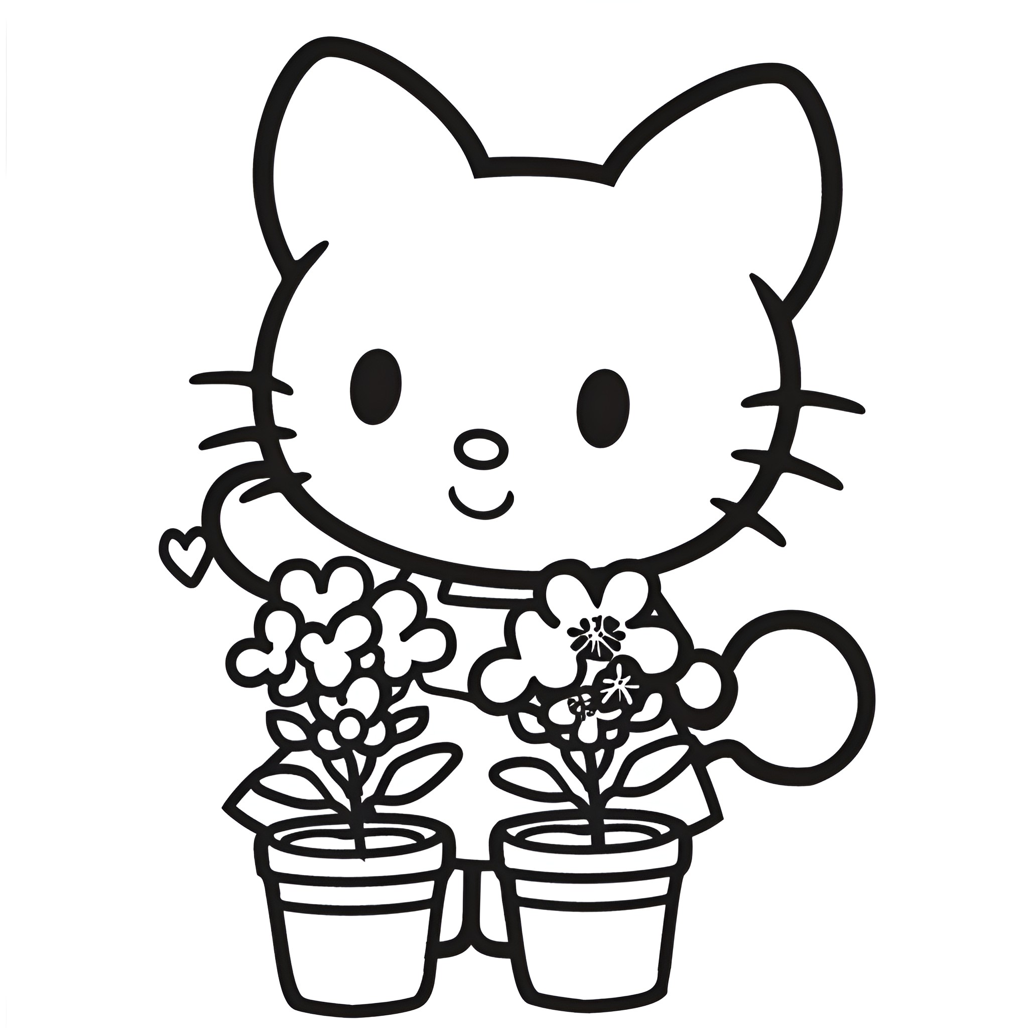 Hello Kitty tending to potted flowers Drawing Idea (free black-and-white line drawing printable PDF for all, from beginners to advanced learners, including children, teens, adults, and seniors)