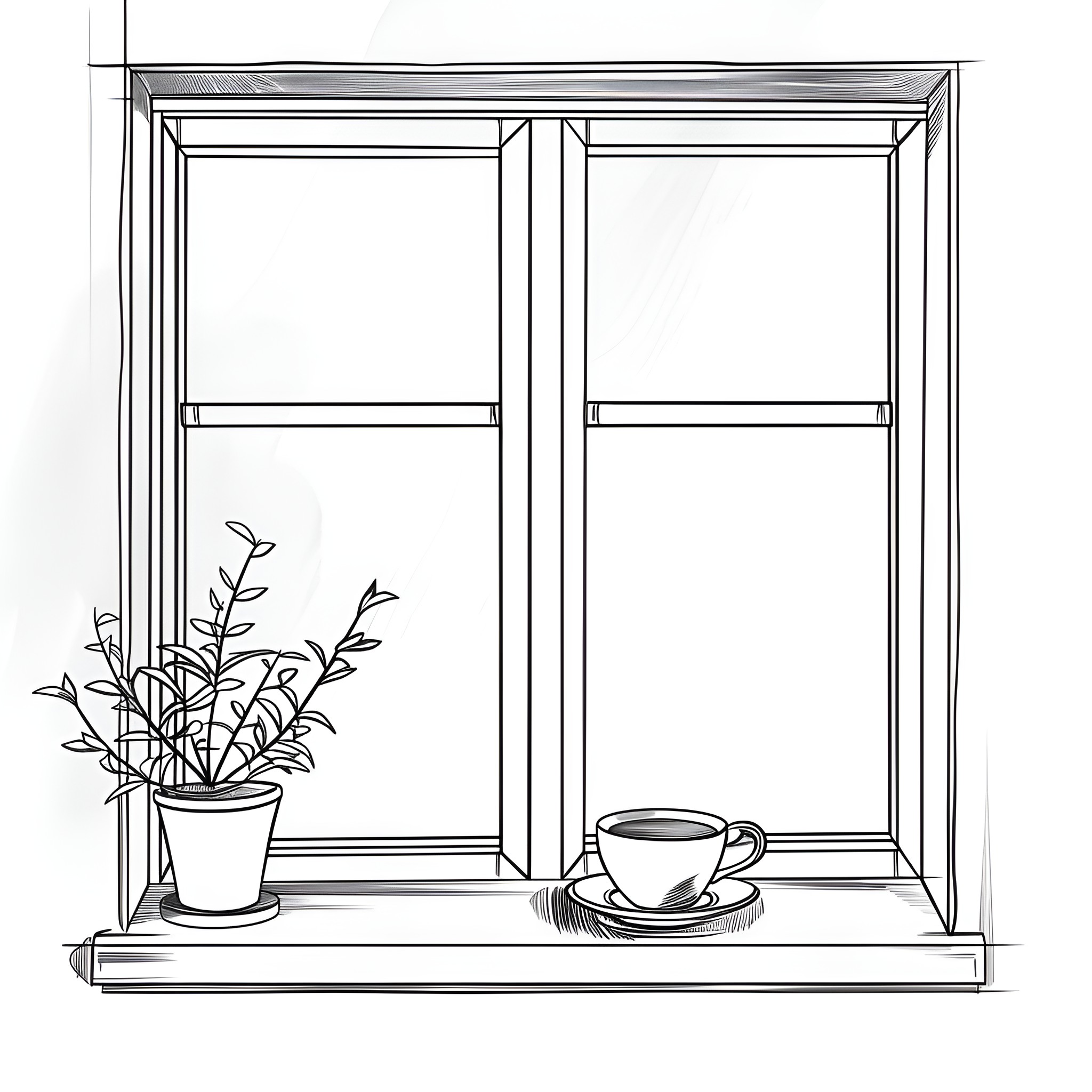 Coffee by the Window Drawing Idea (free black-and-white line drawing printable PDF for all, from beginners to advanced learners, including children, teens, adults, and seniors)