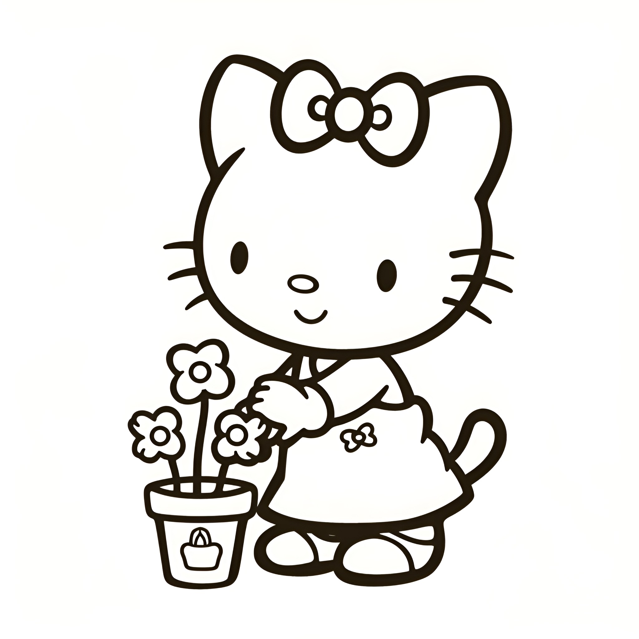 Hello Kitty tending to flowers Drawing Idea (free black-and-white line drawing printable PDF for all, from beginners to advanced learners, including children, teens, adults, and seniors)