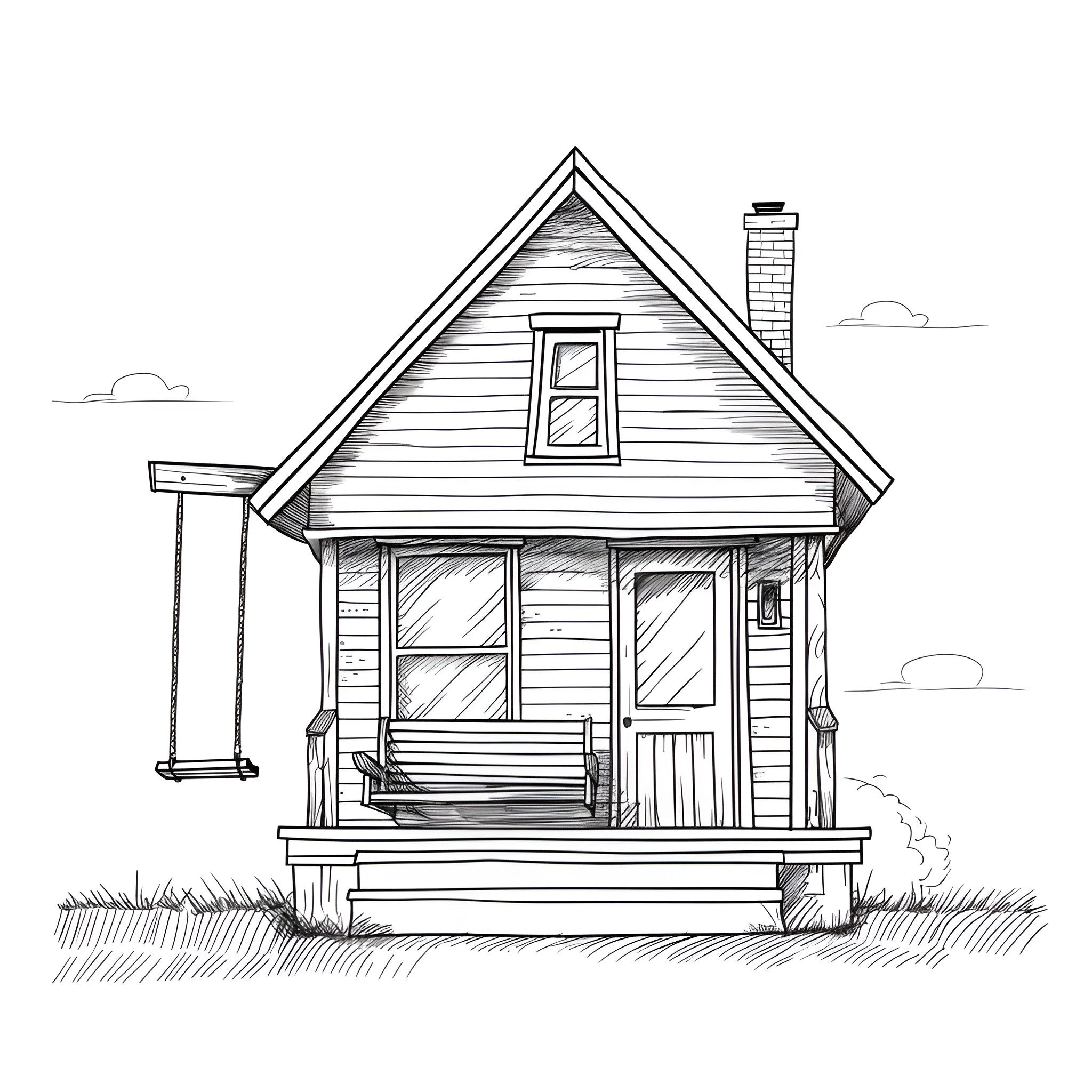 House with Porch and Swing Drawing Idea (free black-and-white line drawing printable PDF for all, from beginners to advanced learners, including children, teens, adults, and seniors)