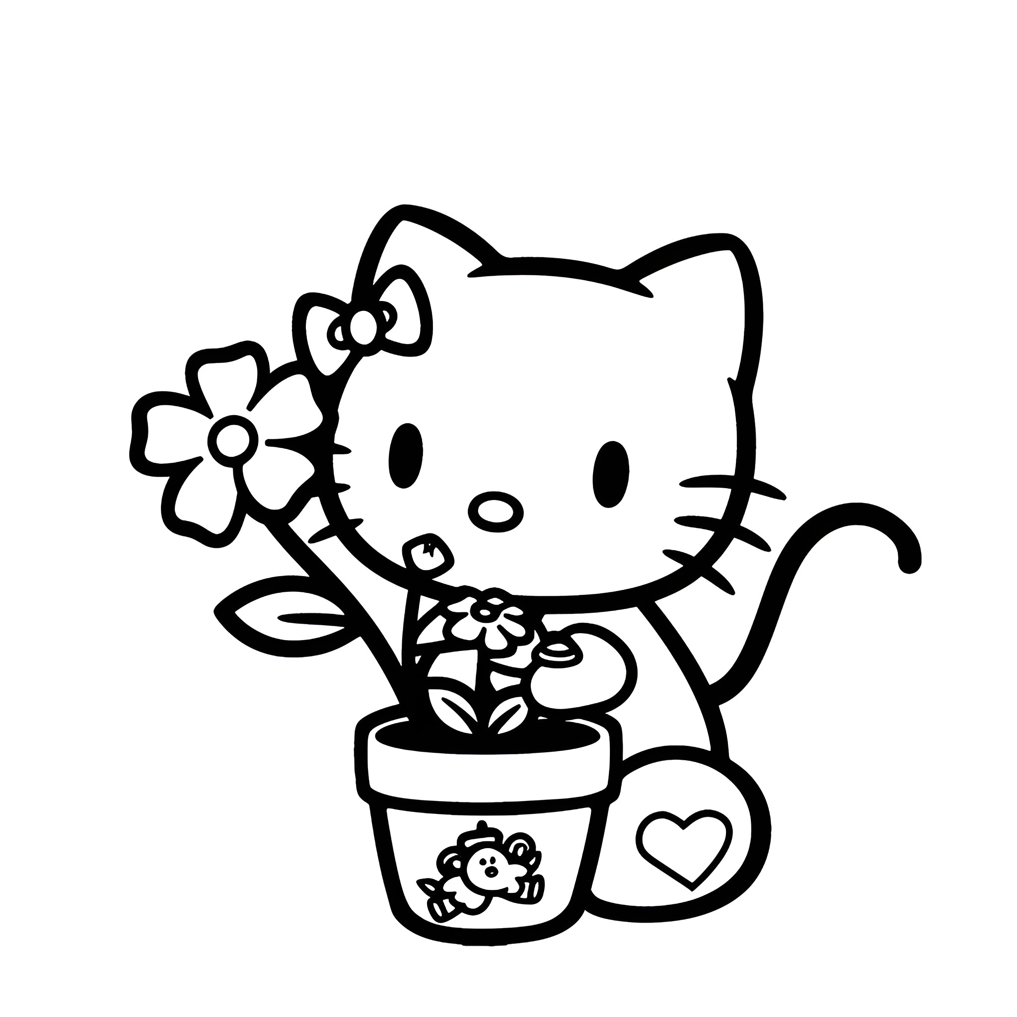 Hello Kitty planting flowers Drawing Idea (free black-and-white line drawing printable PDF for all, from beginners to advanced learners, including children, teens, adults, and seniors)