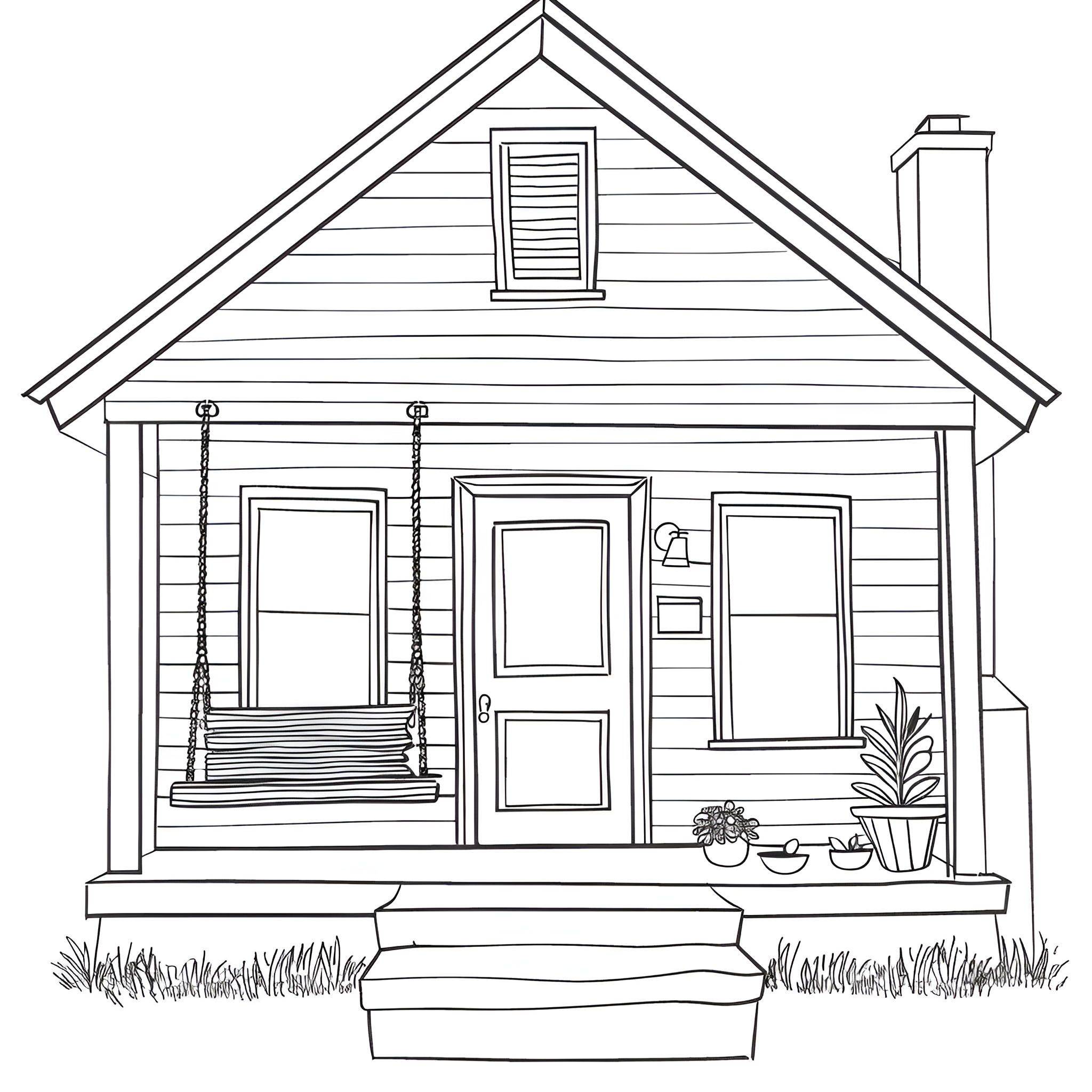 House with wooden porch and potted plants Drawing Idea (free black-and-white line drawing printable PDF for all, from beginners to advanced learners, including children, teens, adults, and seniors)
