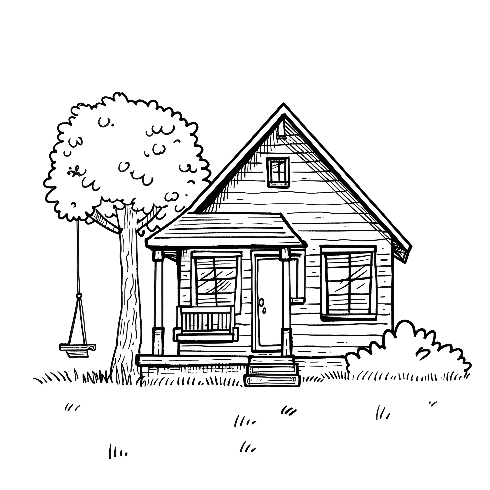 House with porch and tree Drawing Idea (free black-and-white line drawing printable PDF for all, from beginners to advanced learners, including children, teens, adults, and seniors)