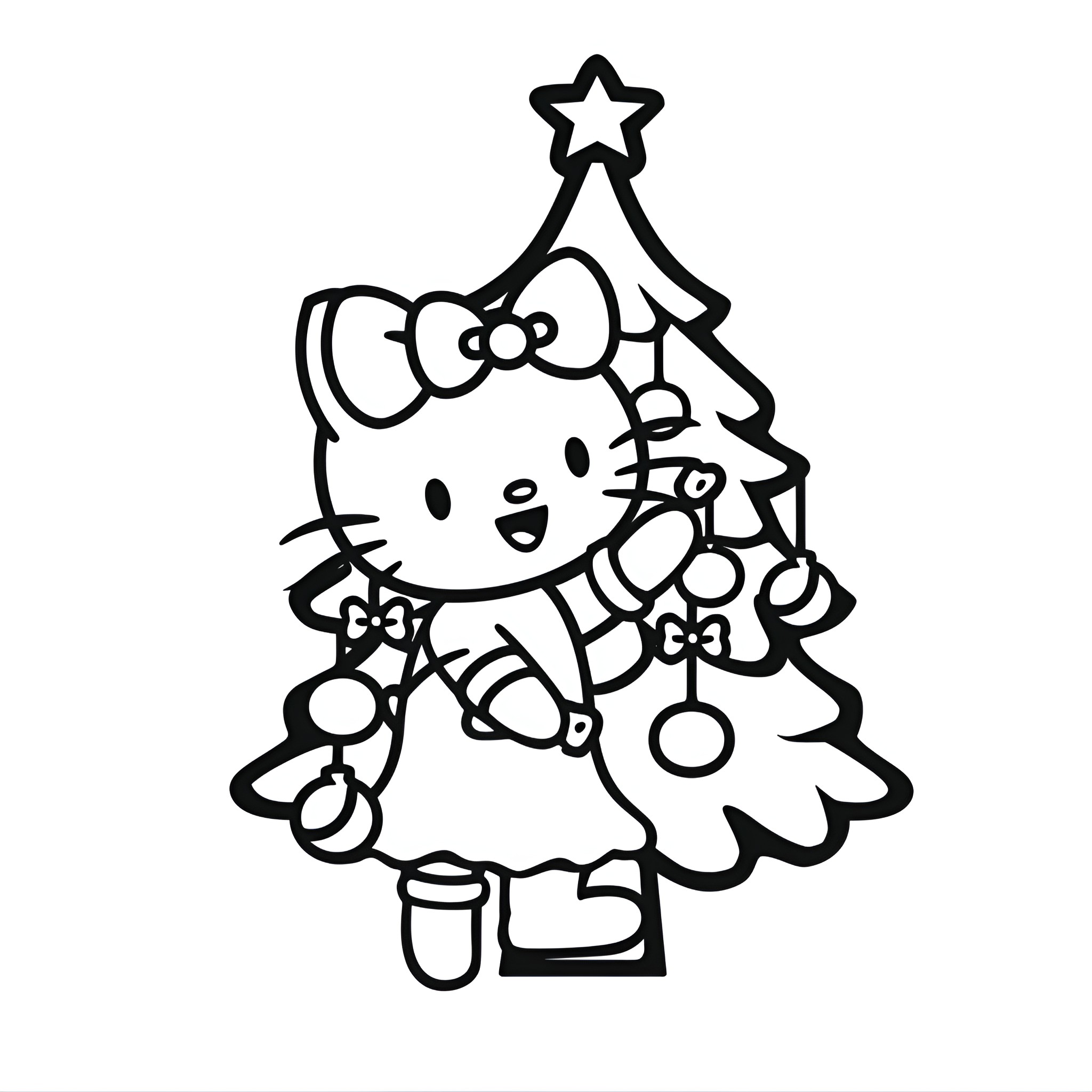 Hello Kitty decorating Christmas tree Drawing Idea (free black-and-white line drawing printable PDF for all, from beginners to advanced learners, including children, teens, adults, and seniors)