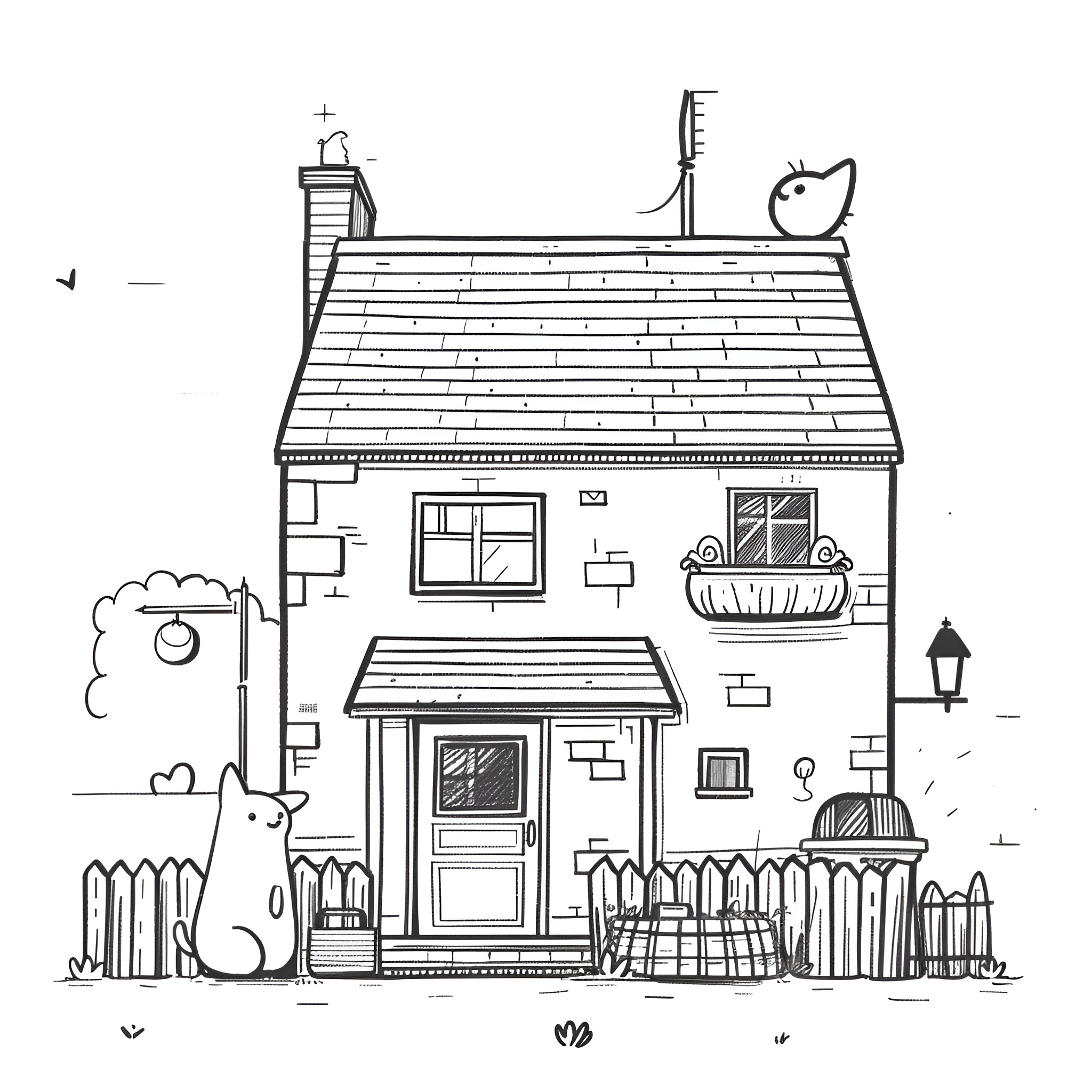 House with whimsical animals and decor Drawing Idea (free black-and-white line drawing printable PDF for all, from beginners to advanced learners, including children, teens, adults, and seniors)