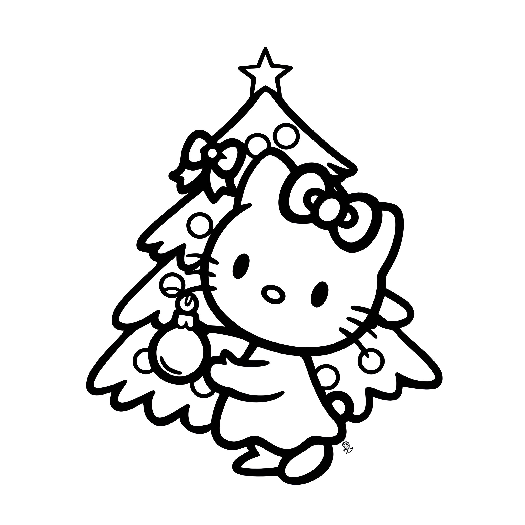 Hello Kitty decorating Christmas tree Drawing Idea (free black-and-white line drawing printable PDF for all, from beginners to advanced learners, including children, teens, adults, and seniors)