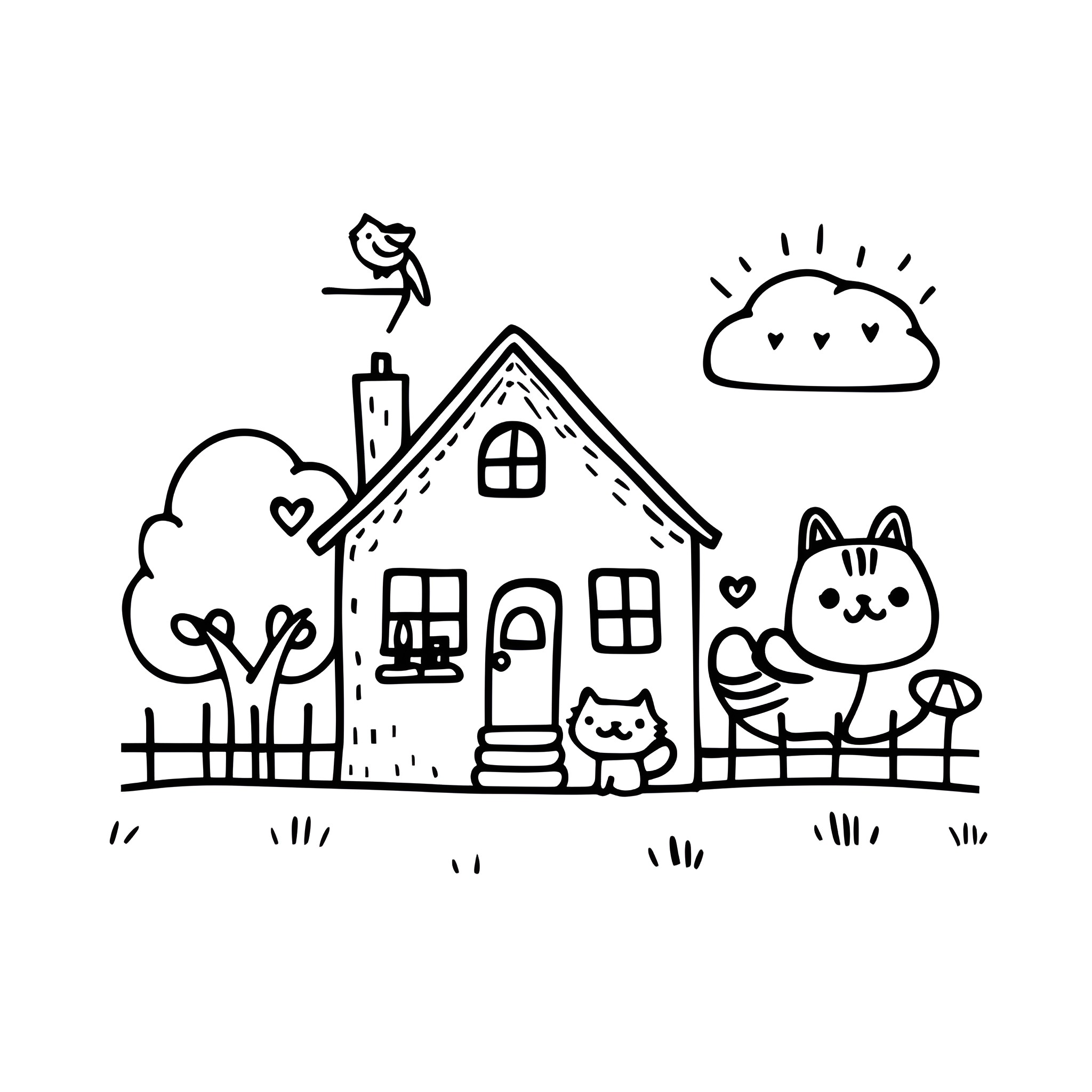 House with joyful animal friends Drawing Idea (free black-and-white line drawing printable PDF for all, from beginners to advanced learners, including children, teens, adults, and seniors)
