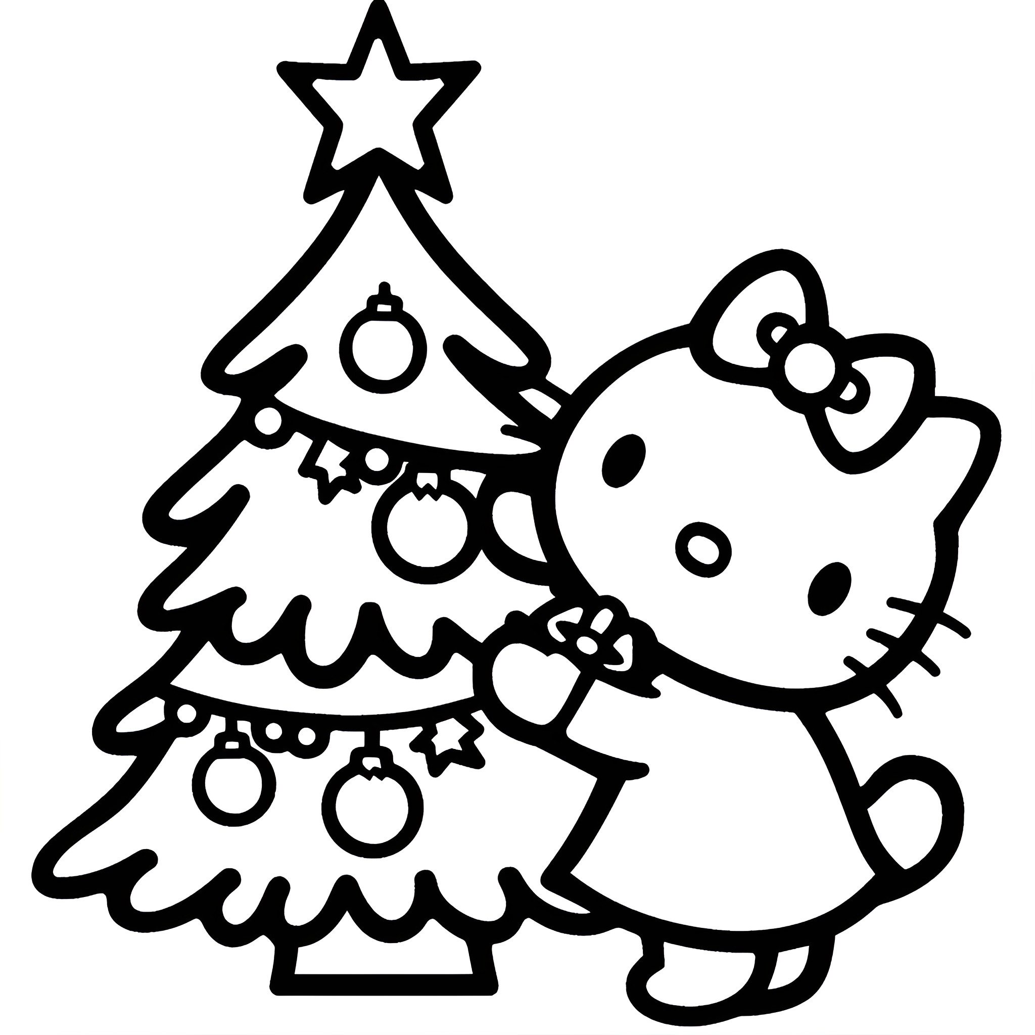 Hello Kitty decorating Christmas tree Drawing Idea (free black-and-white line drawing printable PDF for all, from beginners to advanced learners, including children, teens, adults, and seniors)