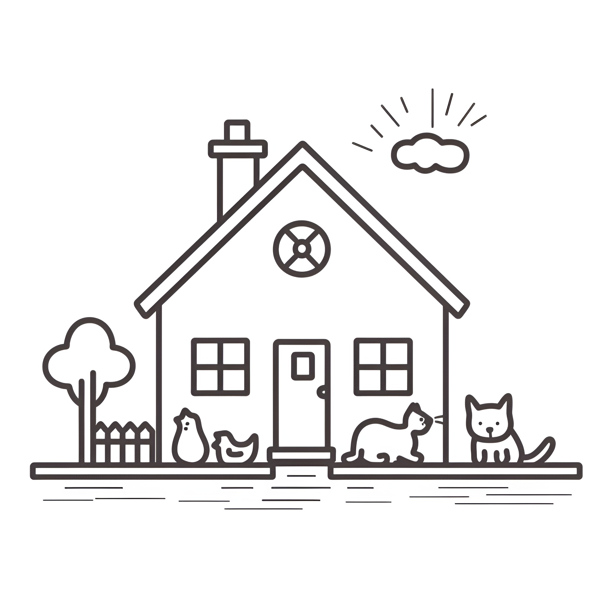 House with animals and nature Drawing Idea (free black-and-white line drawing printable PDF for all, from beginners to advanced learners, including children, teens, adults, and seniors)