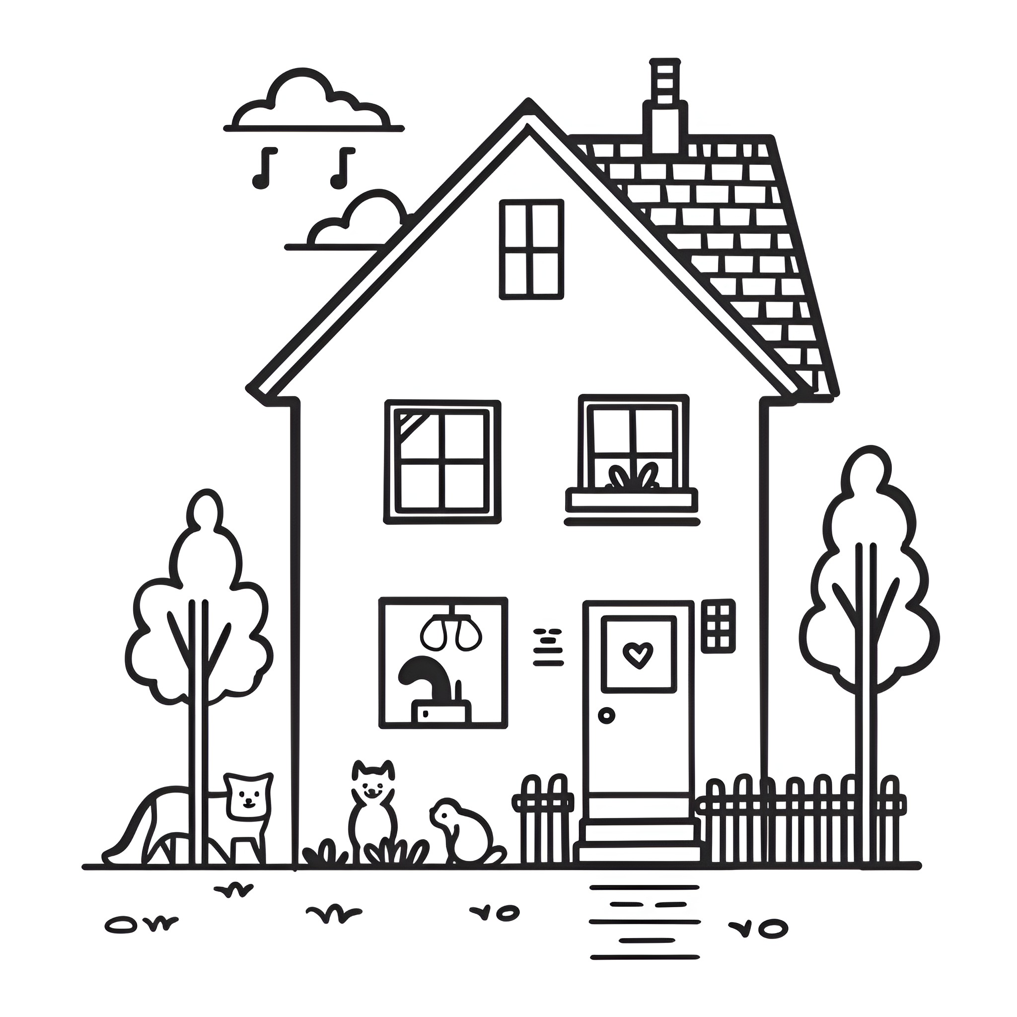 House with Cute Pets and Garden Drawing Idea (free black-and-white line drawing printable PDF for all, from beginners to advanced learners, including children, teens, adults, and seniors)