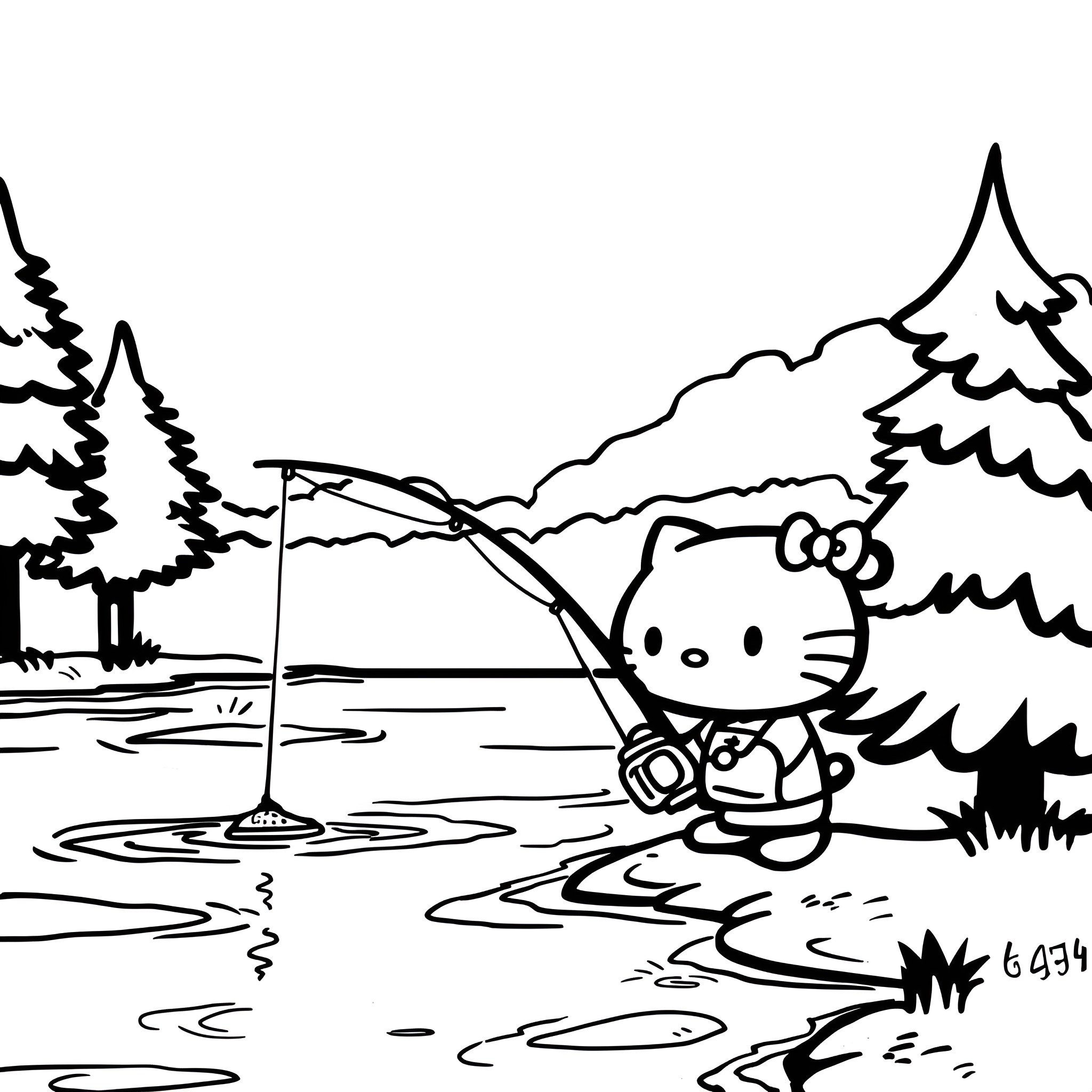 Hello Kitty fishing by the lake Drawing Idea (free black-and-white line drawing printable PDF for all, from beginners to advanced learners, including children, teens, adults, and seniors)
