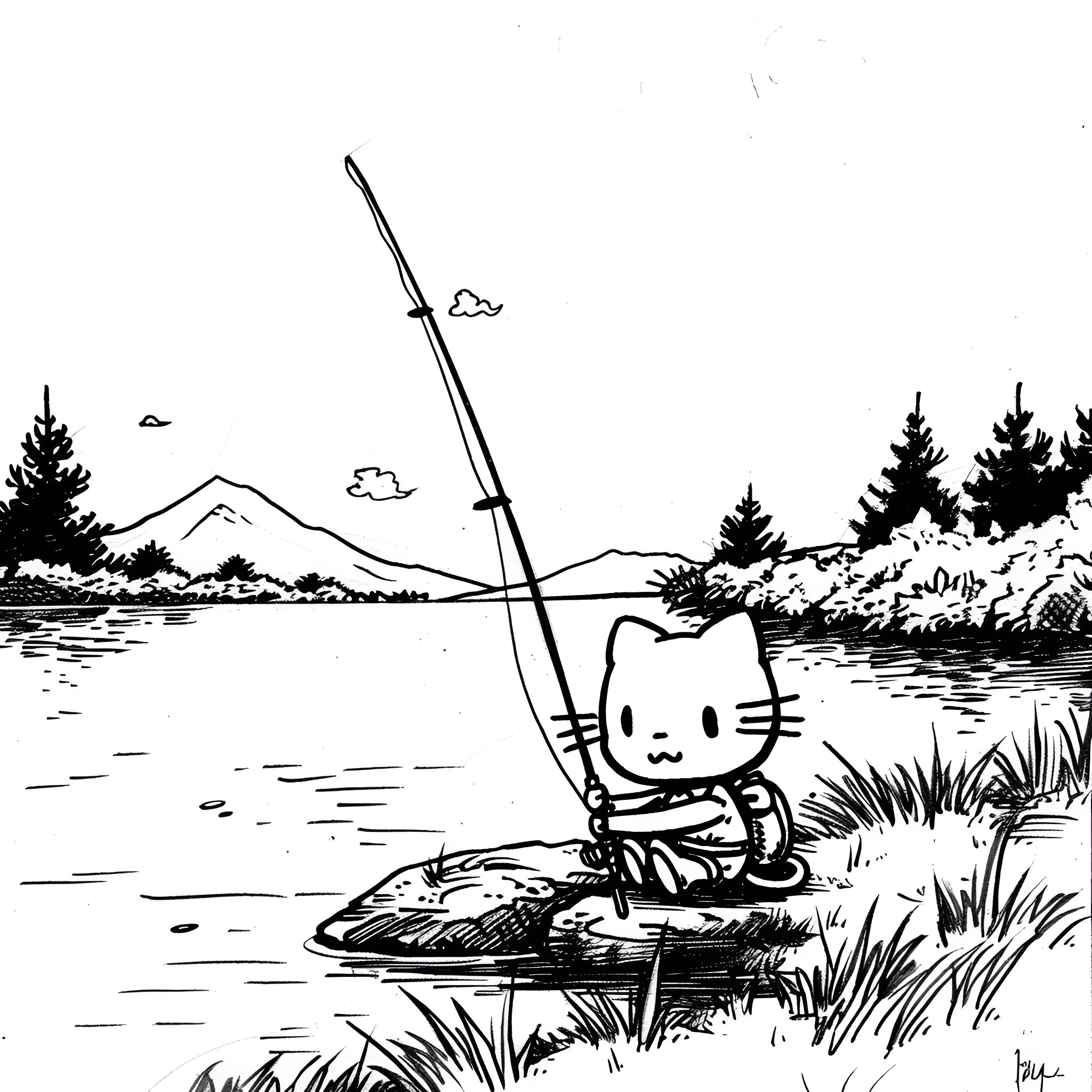 Hello Kitty fishing peacefully in the wilderness Drawing Idea (free black-and-white line drawing printable PDF for all, from beginners to advanced learners, including children, teens, adults, and seniors)