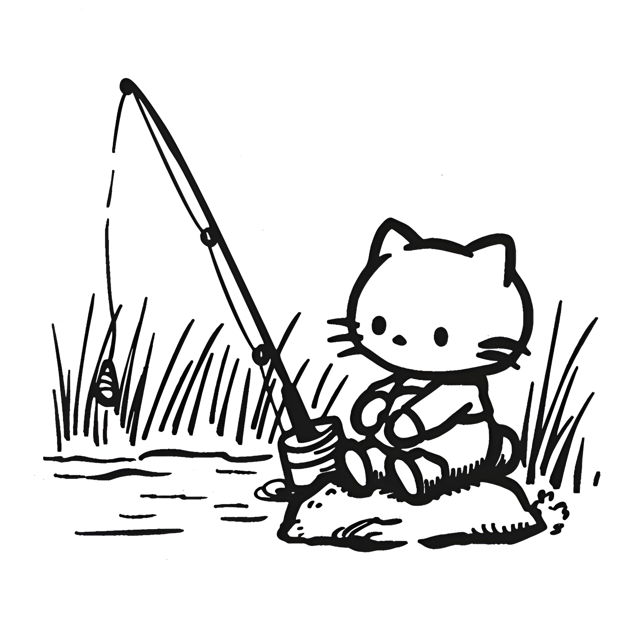 Hello Kitty fishing in the pond Drawing Idea (free black-and-white line drawing printable PDF for all, from beginners to advanced learners, including children, teens, adults, and seniors)