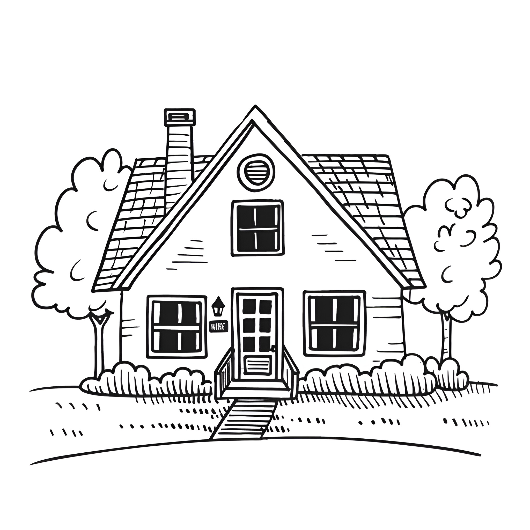House with front porch and trees Drawing Idea (free black-and-white line drawing printable PDF for all, from beginners to advanced learners, including children, teens, adults, and seniors)