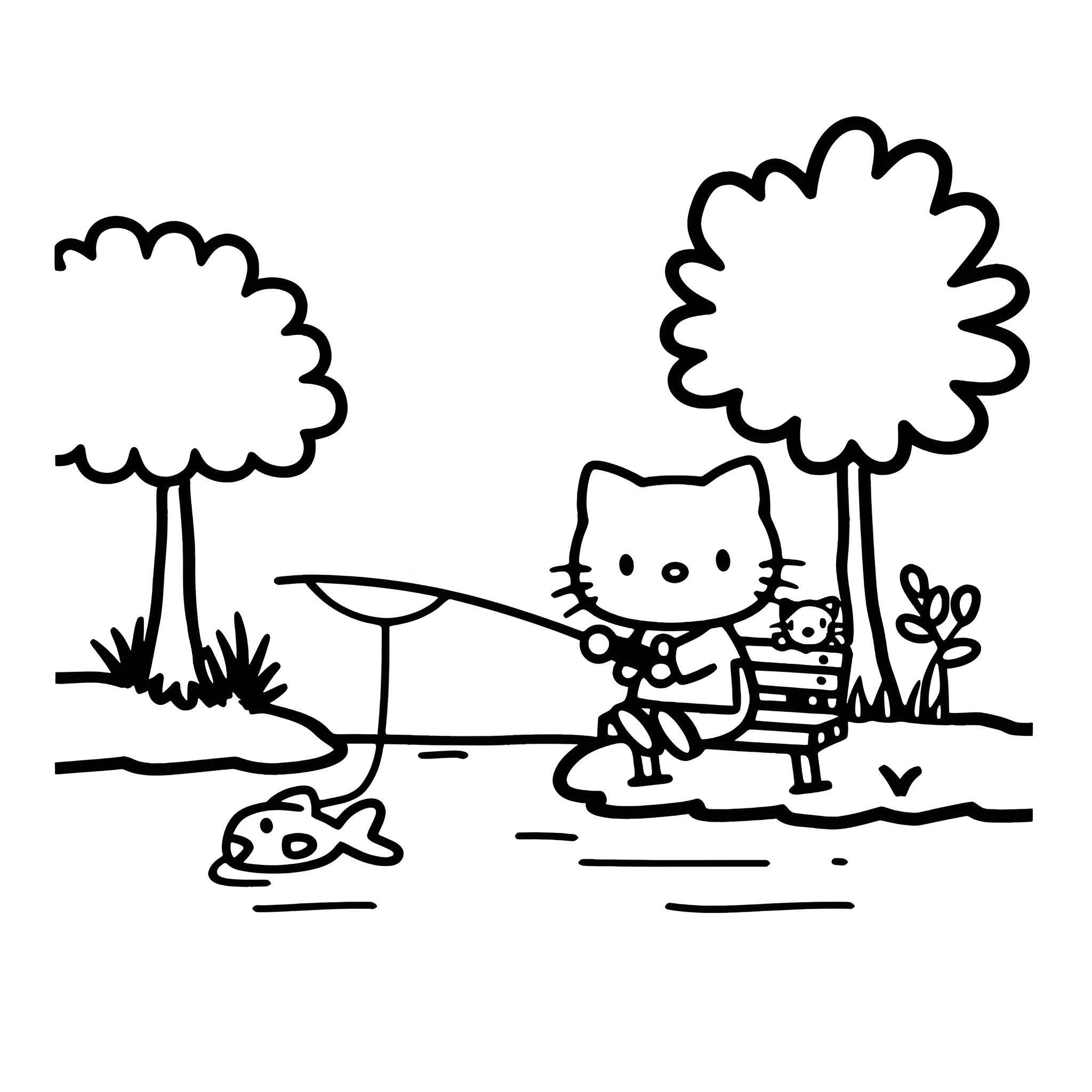 Hello Kitty enjoying nature with friends Drawing Idea (free black-and-white line drawing printable PDF for all, from beginners to advanced learners, including children, teens, adults, and seniors)
