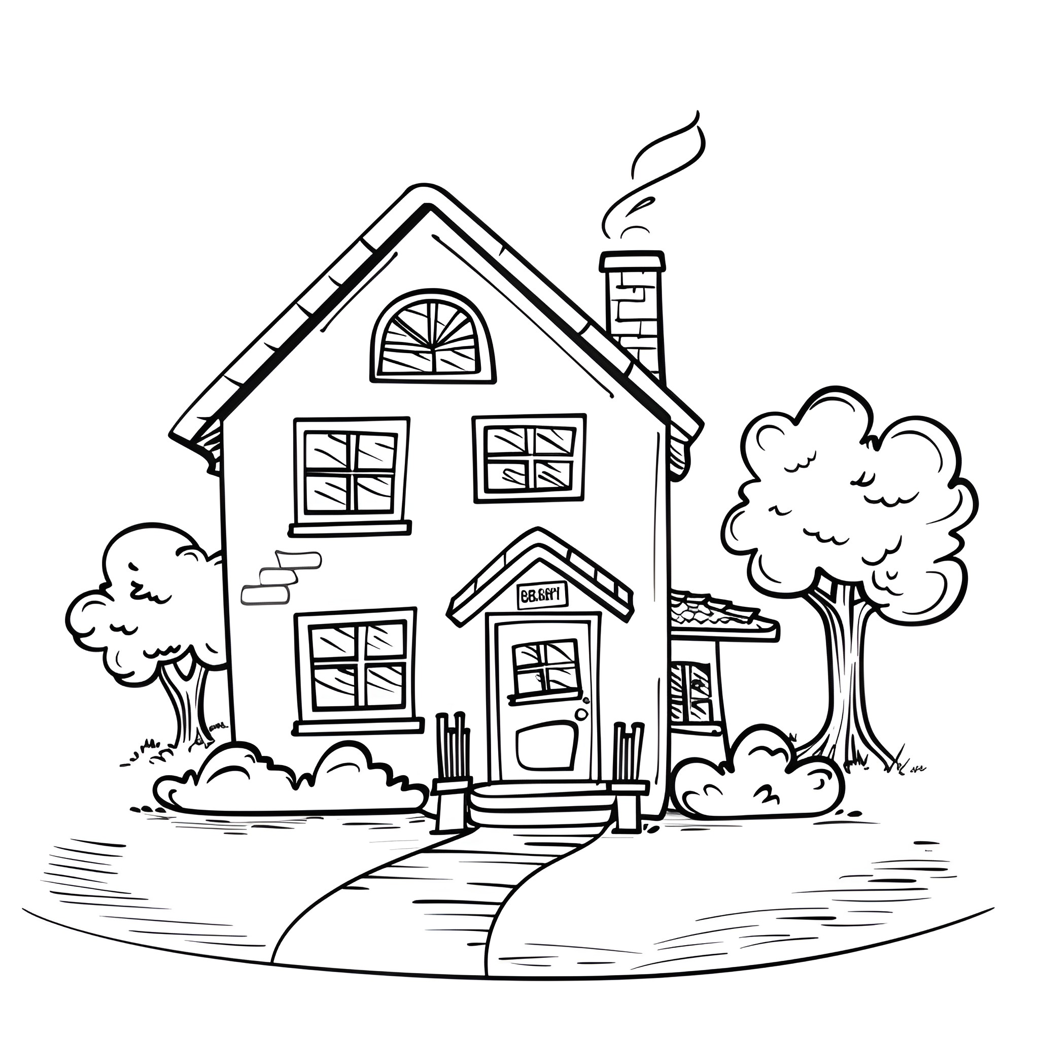 House with smoke-emitting chimney and trees Drawing Idea (free black-and-white line drawing printable PDF for all, from beginners to advanced learners, including children, teens, adults, and seniors)
