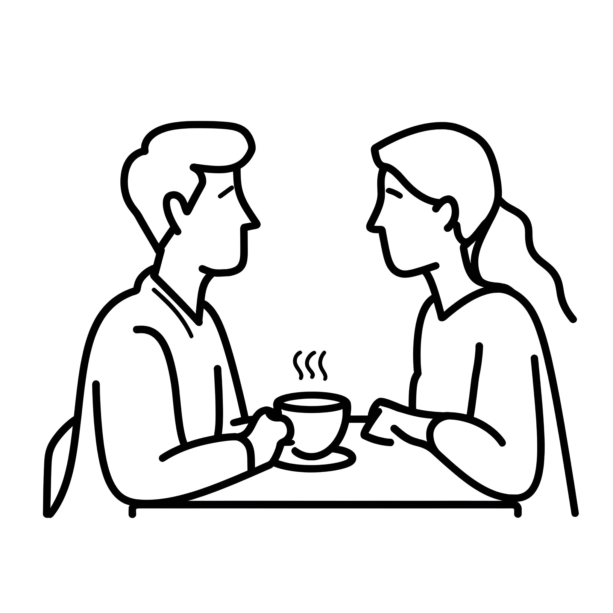Coffee Break - Casual Conversation Drawing Idea (free black-and-white line drawing printable PDF for all, from beginners to advanced learners, including children, teens, adults, and seniors)