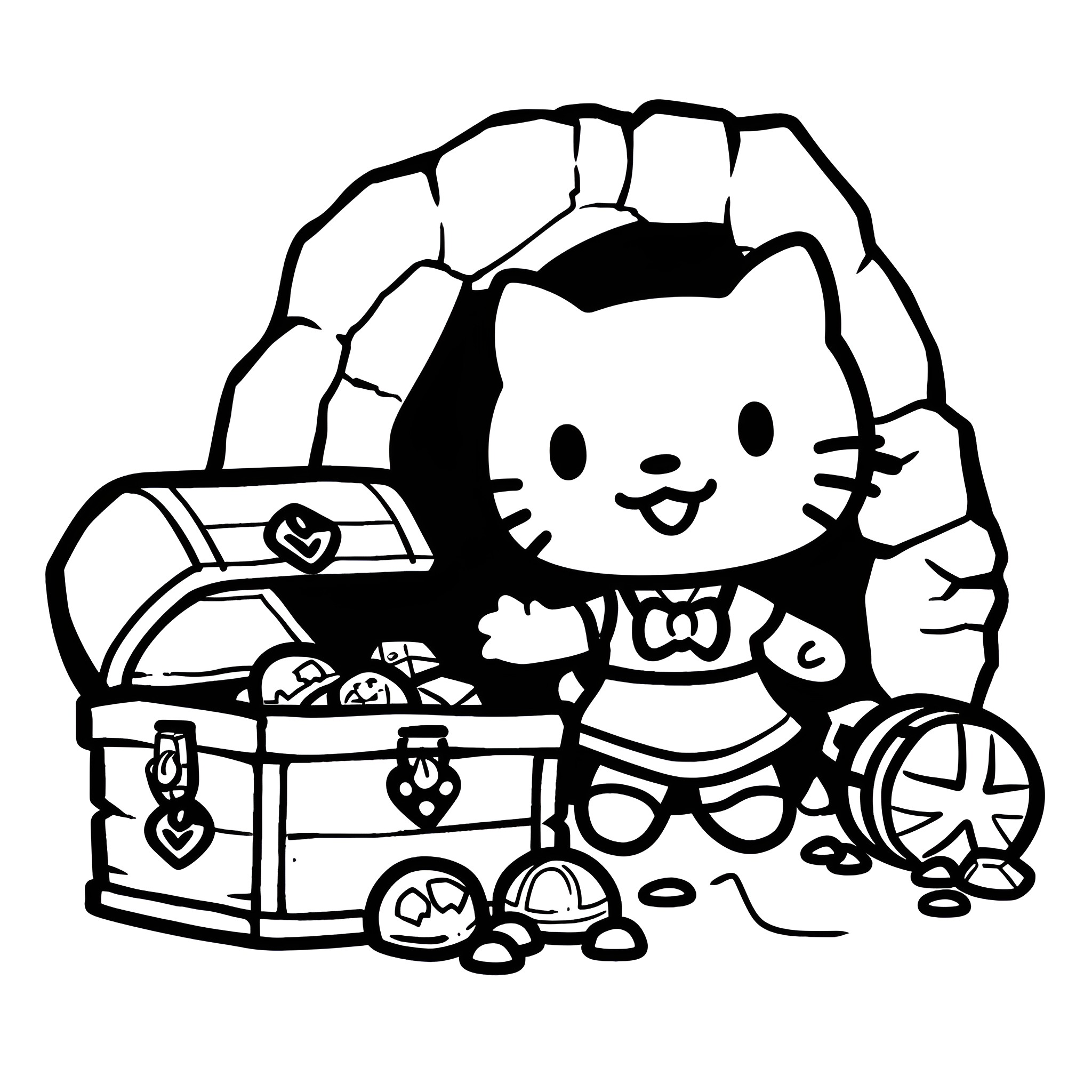 Hello Kitty playing with toys in treasure chest Drawing Idea (free black-and-white line drawing printable PDF for all, from beginners to advanced learners, including children, teens, adults, and seniors)