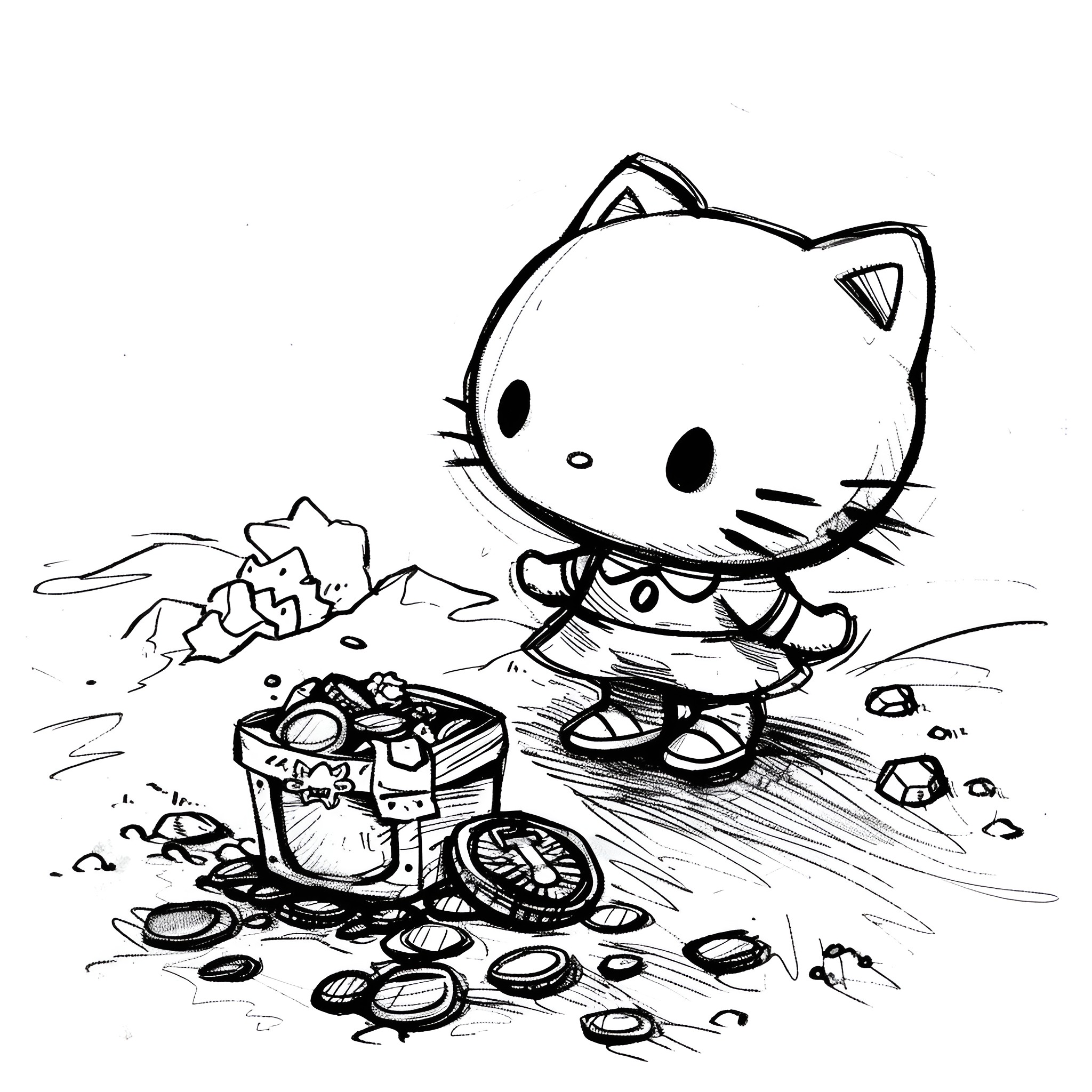 Hello Kitty exploring rocky terrain Drawing Idea (free black-and-white line drawing printable PDF for all, from beginners to advanced learners, including children, teens, adults, and seniors)