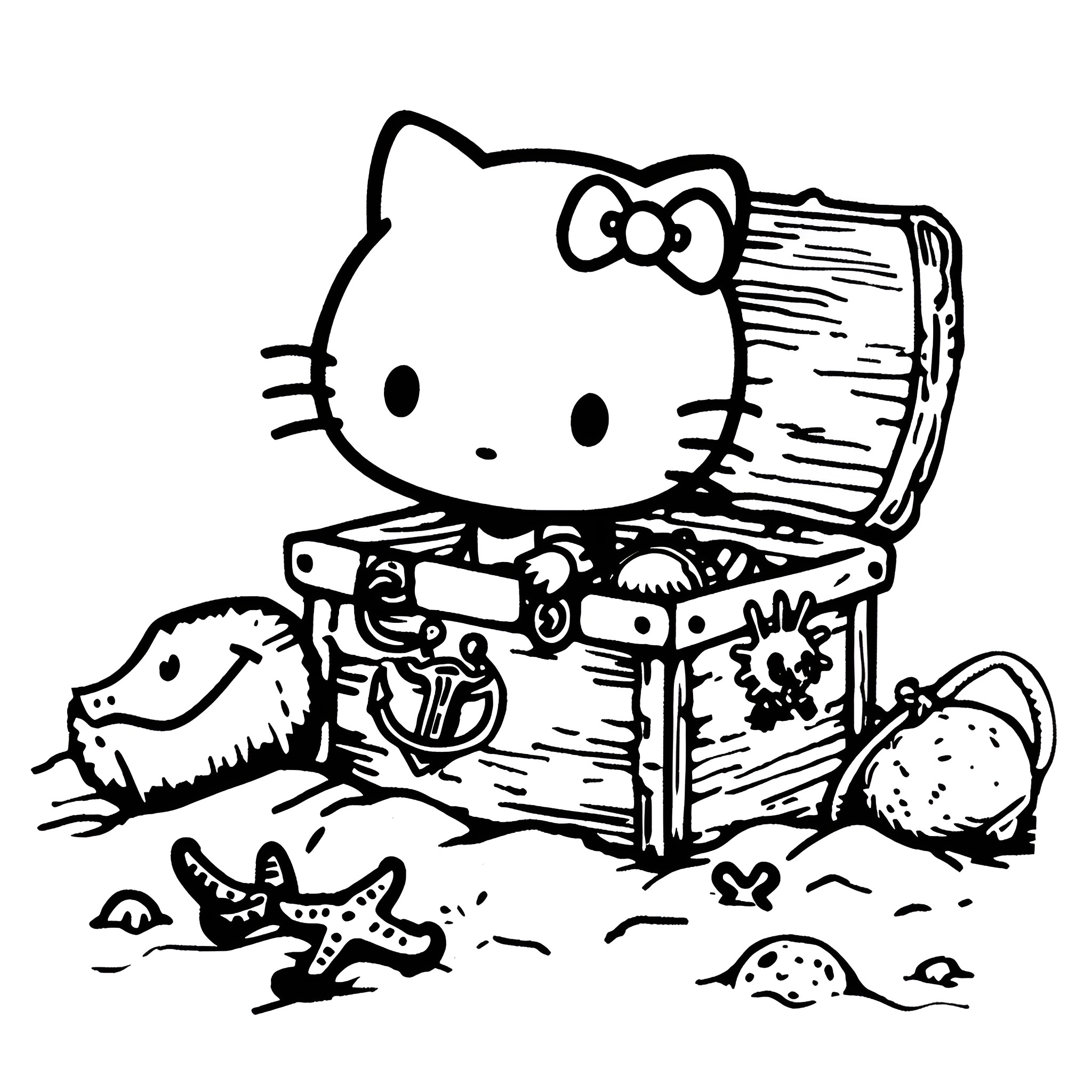 Hello Kitty exploring a treasure chest Drawing Idea (free black-and-white line drawing printable PDF for all, from beginners to advanced learners, including children, teens, adults, and seniors)
