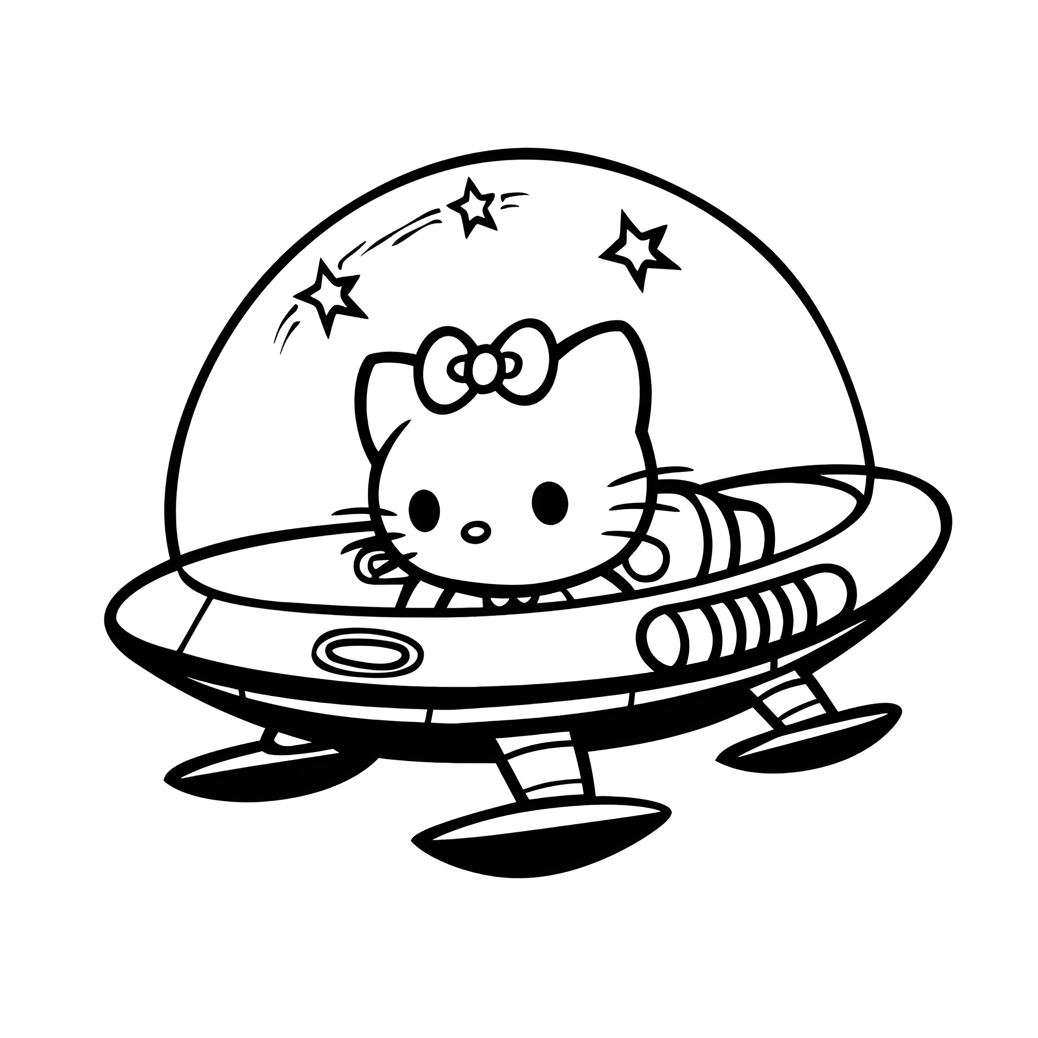 Hello Kitty flying in space vehicle Drawing Idea (free black-and-white line drawing printable PDF for all, from beginners to advanced learners, including children, teens, adults, and seniors)