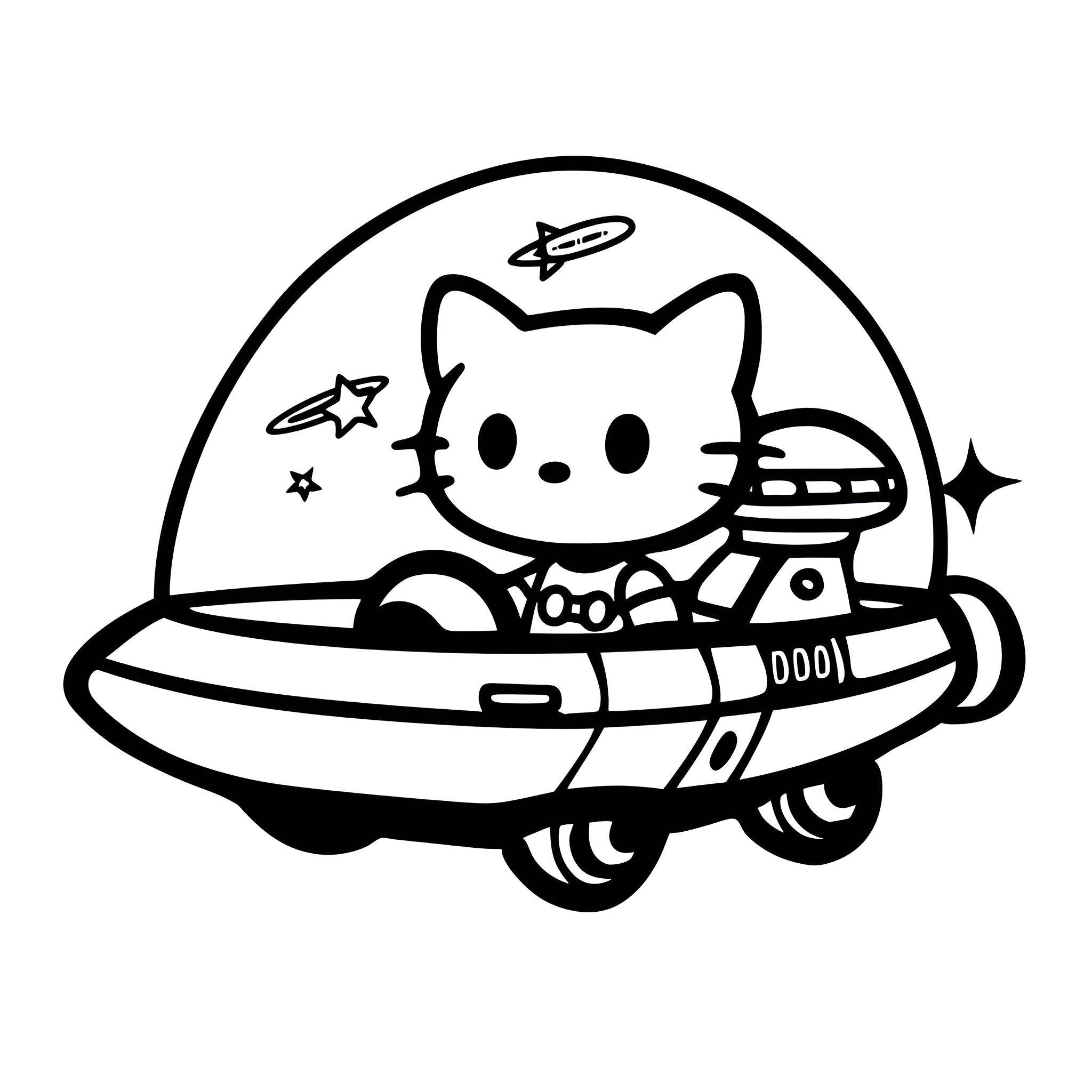 Hello Kitty riding futuristic spacecraft Drawing Idea (free black-and-white line drawing printable PDF for all, from beginners to advanced learners, including children, teens, adults, and seniors)