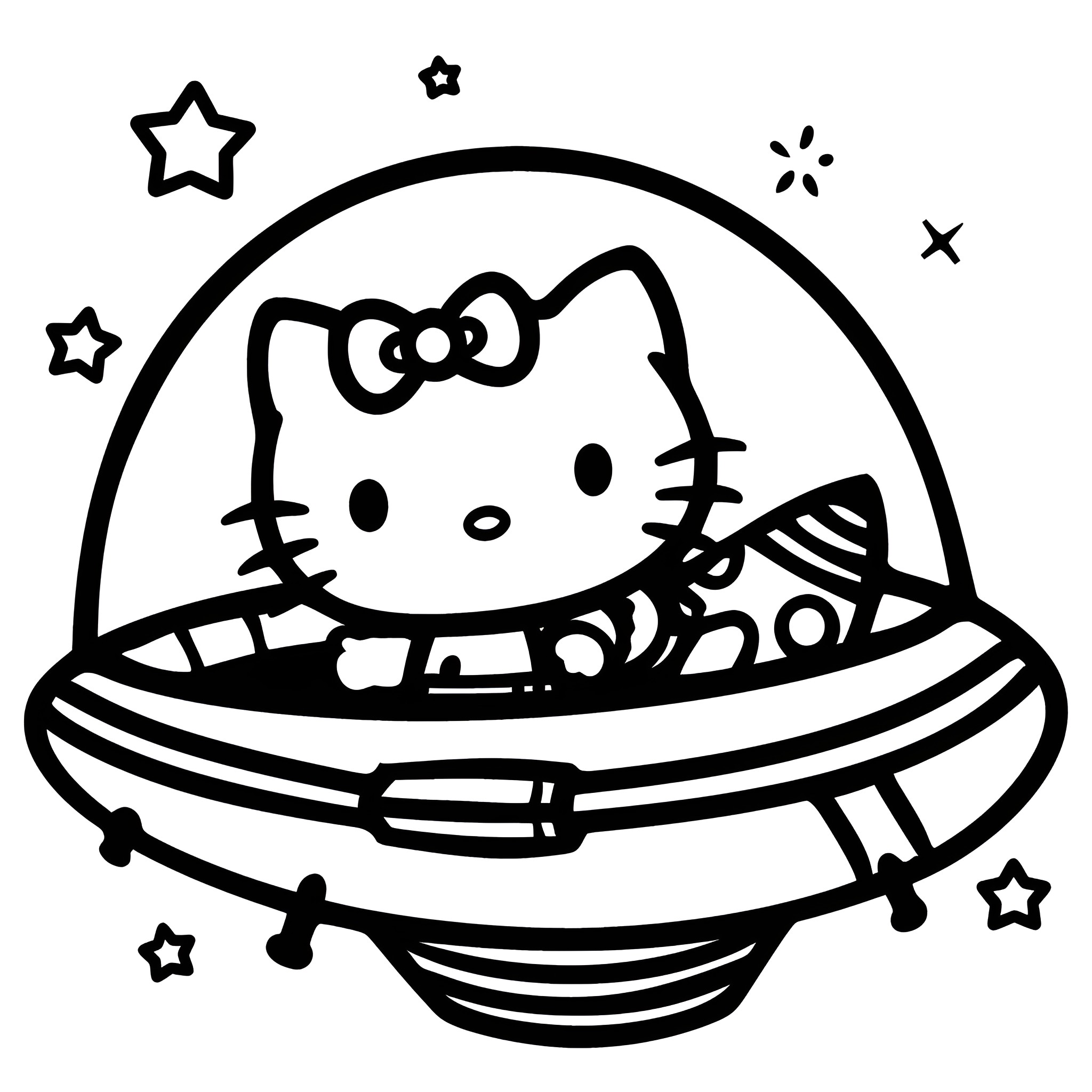 Hello Kitty flying in a UFO Drawing Idea (free black-and-white line drawing printable PDF for all, from beginners to advanced learners, including children, teens, adults, and seniors)