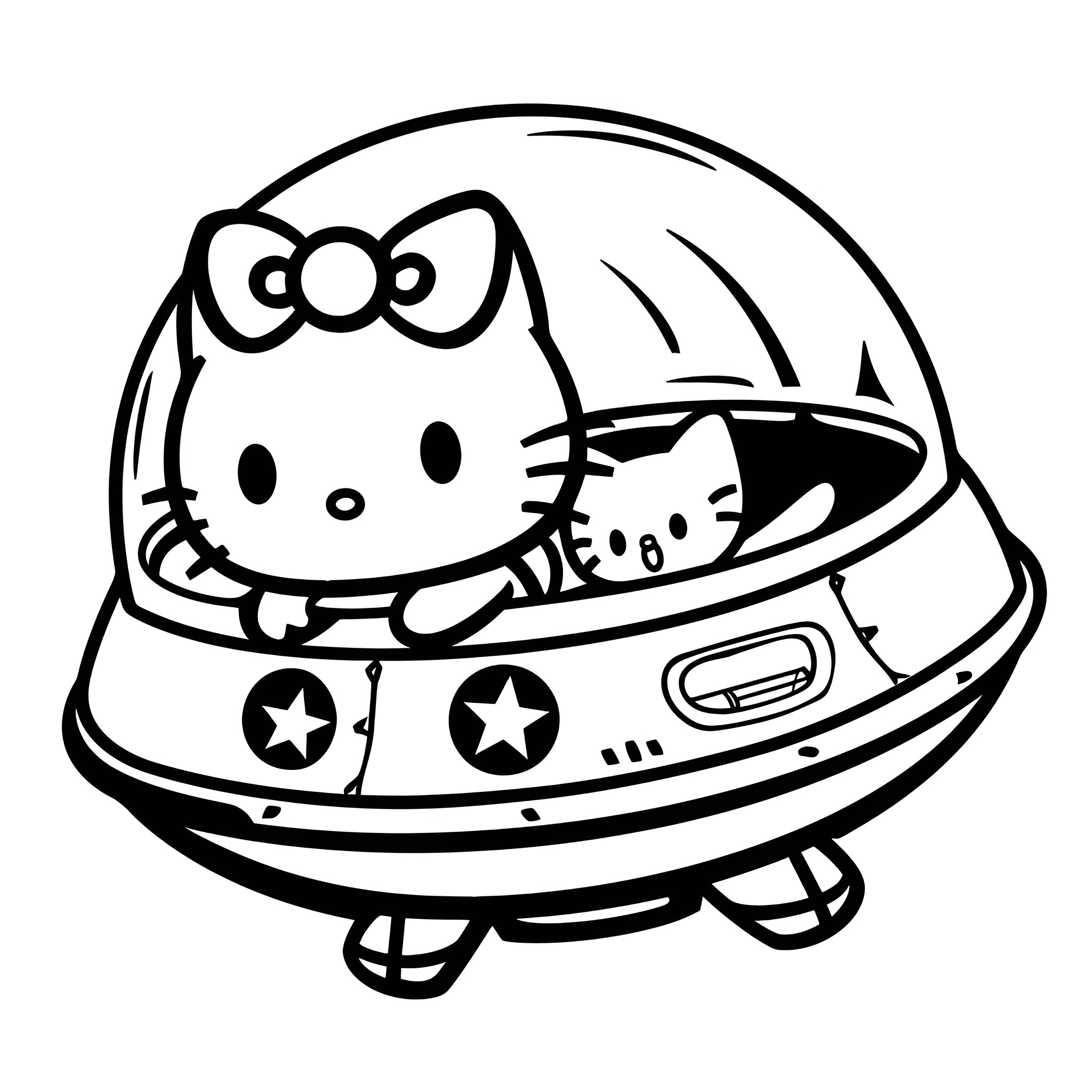 Hello Kitty riding a futuristic spacecraft Drawing Idea (free black-and-white line drawing printable PDF for all, from beginners to advanced learners, including children, teens, adults, and seniors)