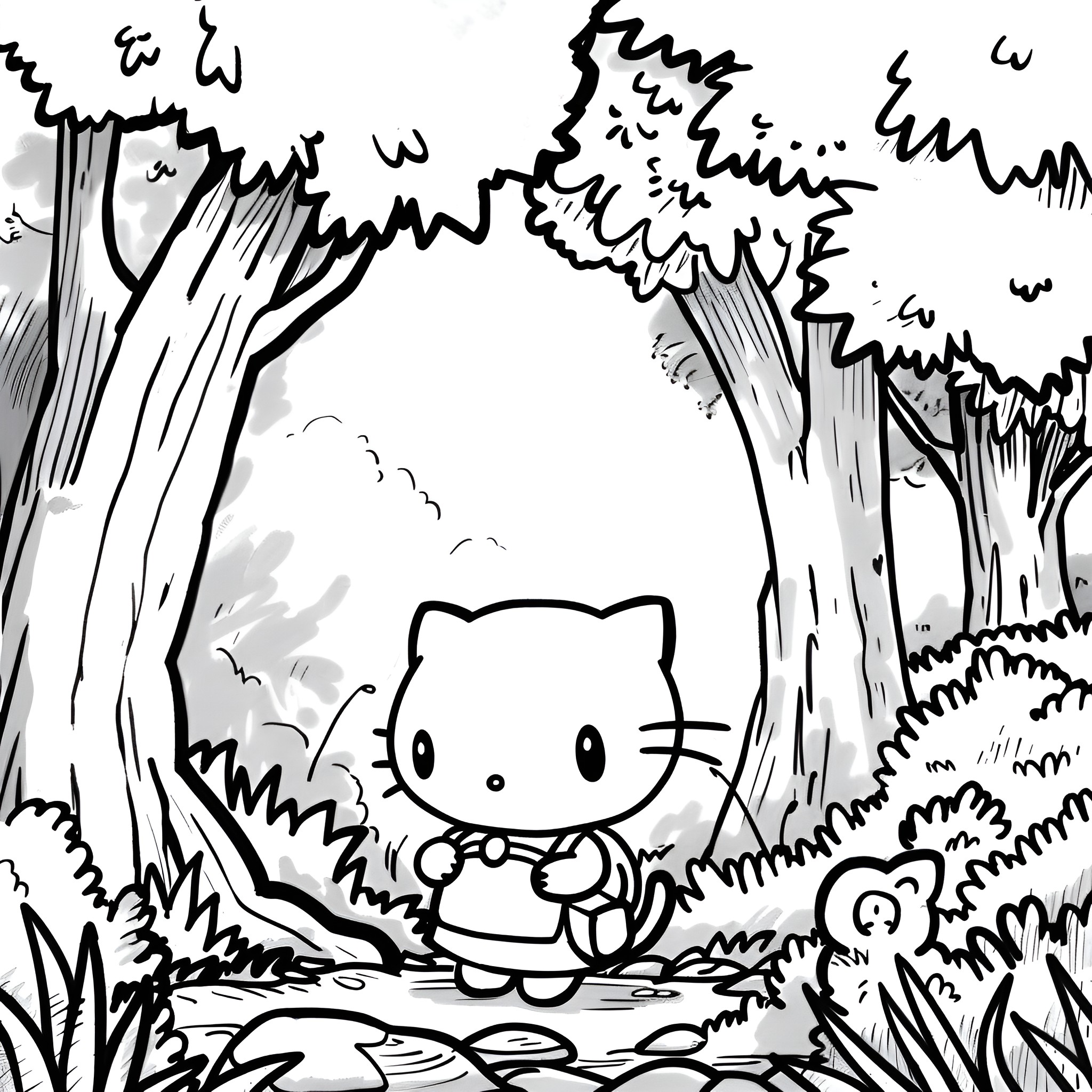 Hello Kitty exploring the forest Drawing Idea (free black-and-white line drawing printable PDF for all, from beginners to advanced learners, including children, teens, adults, and seniors)