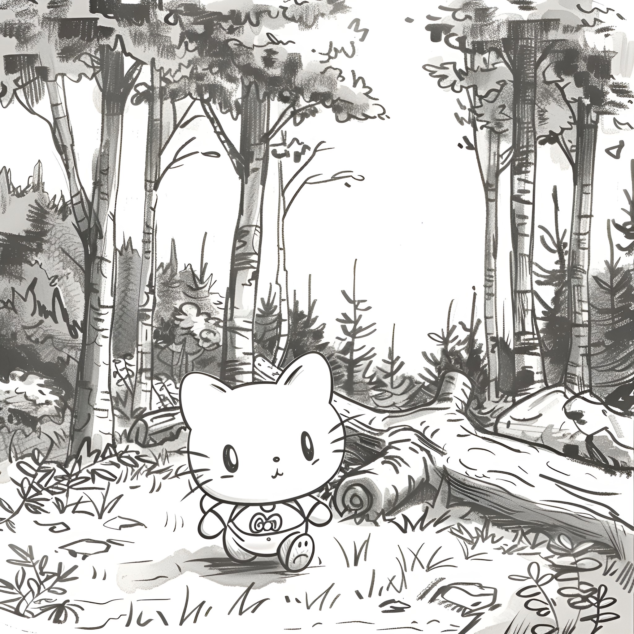 Hello Kitty exploring enchanted forest Drawing Idea (free black-and-white line drawing printable PDF for all, from beginners to advanced learners, including children, teens, adults, and seniors)