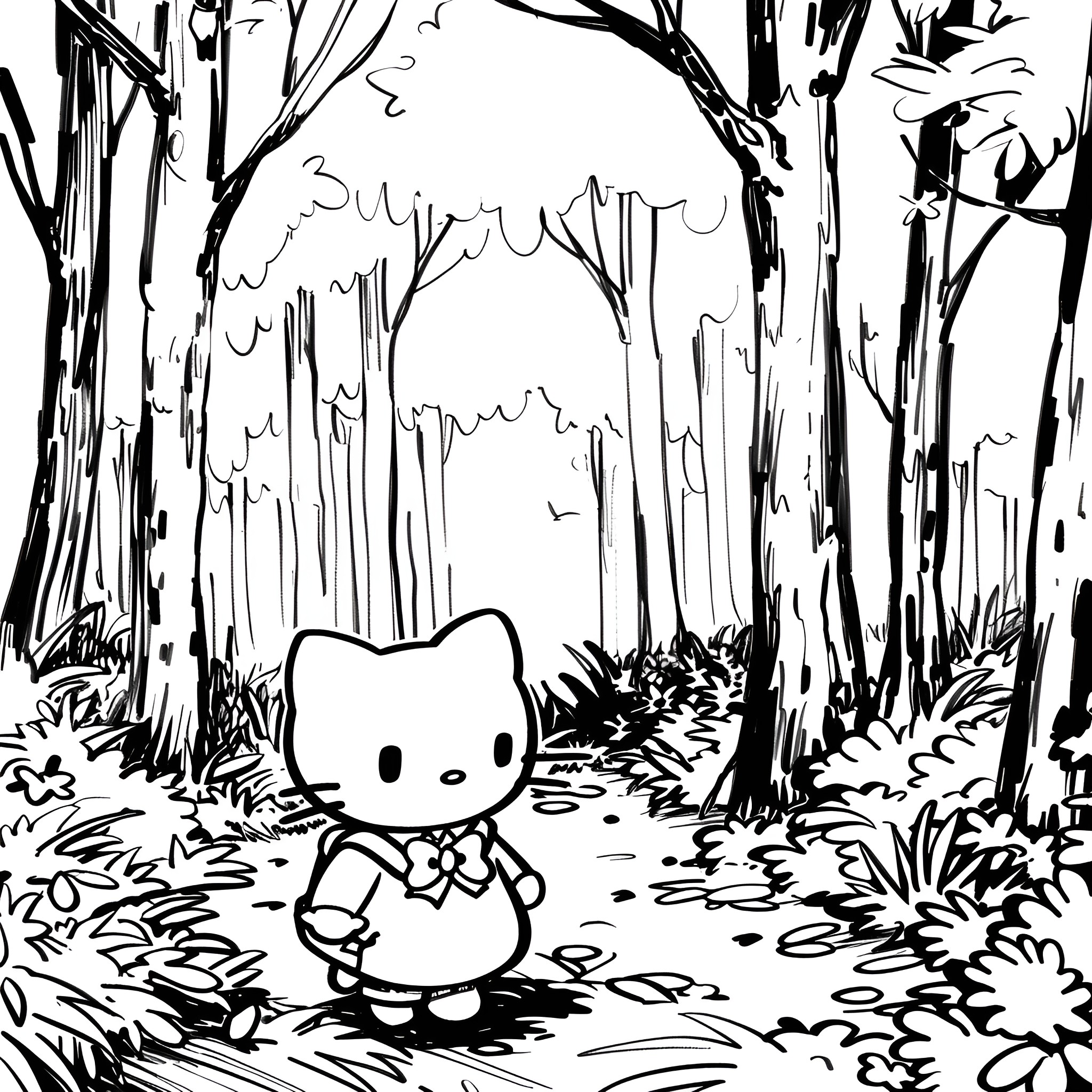 Hello Kitty explores the forest Drawing Idea (free black-and-white line drawing printable PDF for all, from beginners to advanced learners, including children, teens, adults, and seniors)