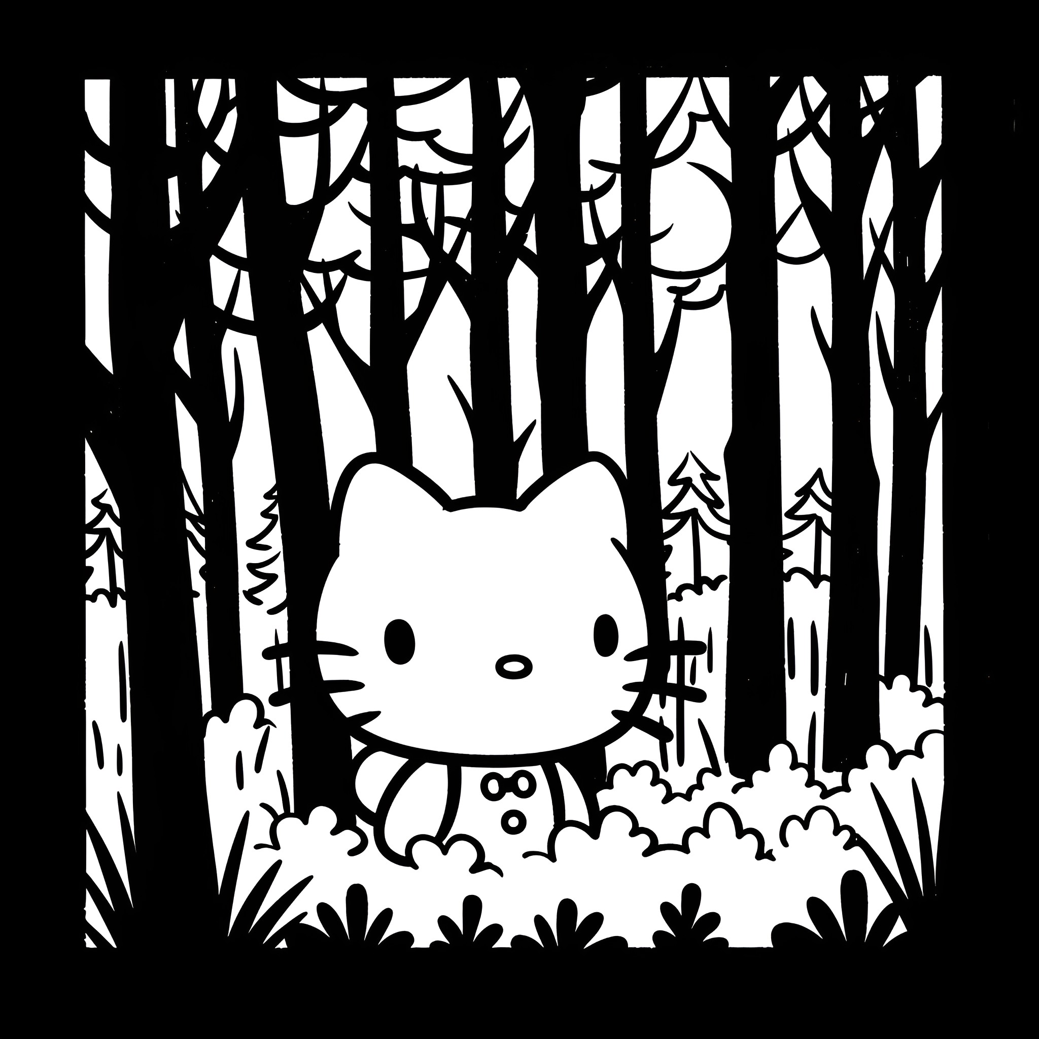 Hello Kitty exploring the forest Drawing Idea (free black-and-white line drawing printable PDF for all, from beginners to advanced learners, including children, teens, adults, and seniors)