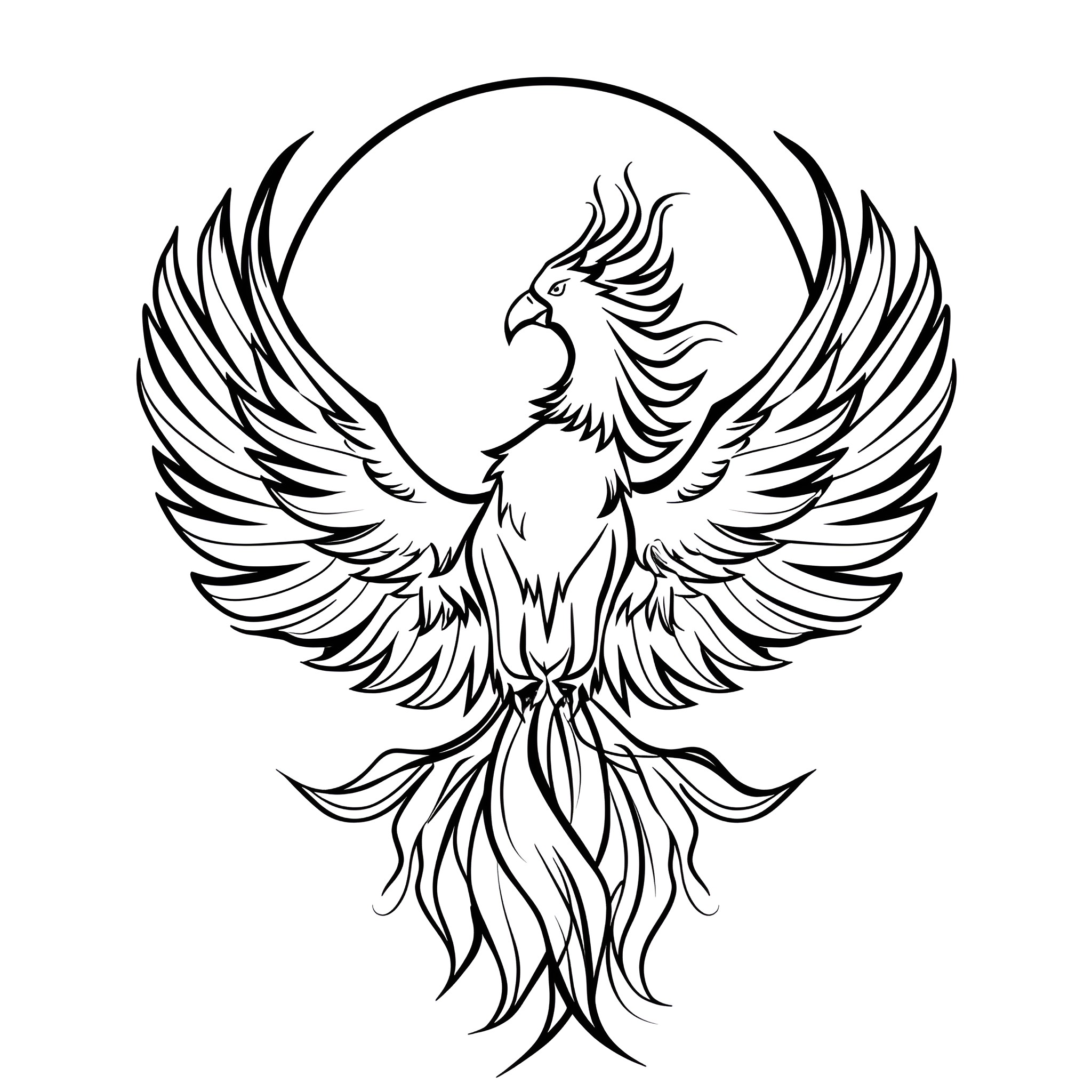 Fantasy Phoenix Rising Drawing Idea (free black-and-white line drawing printable PDF for all, from beginners to advanced learners, including children, teens, adults, and seniors)