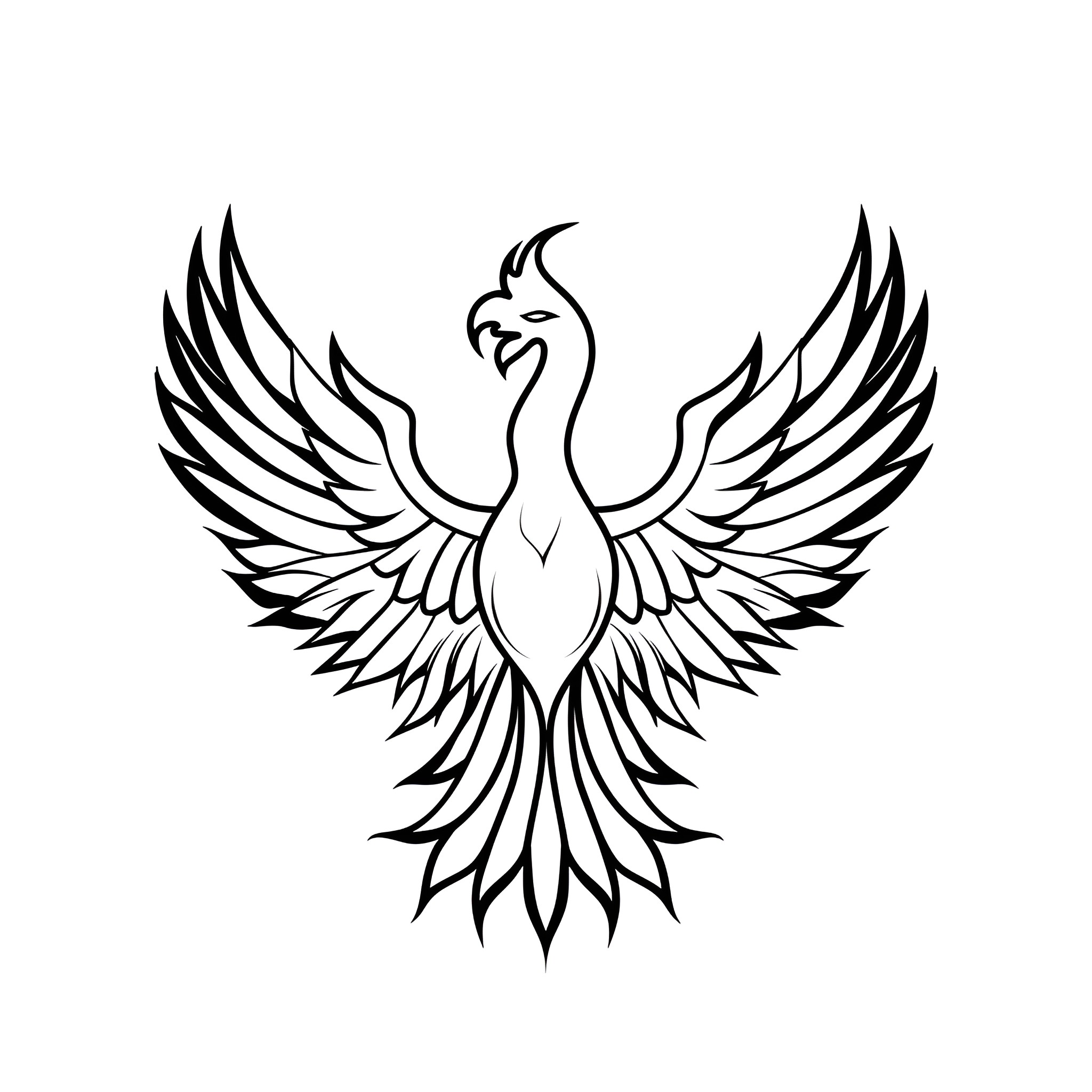 Fantasy phoenix with majestic wings Drawing Idea (free black-and-white line drawing printable PDF for all, from beginners to advanced learners, including children, teens, adults, and seniors)