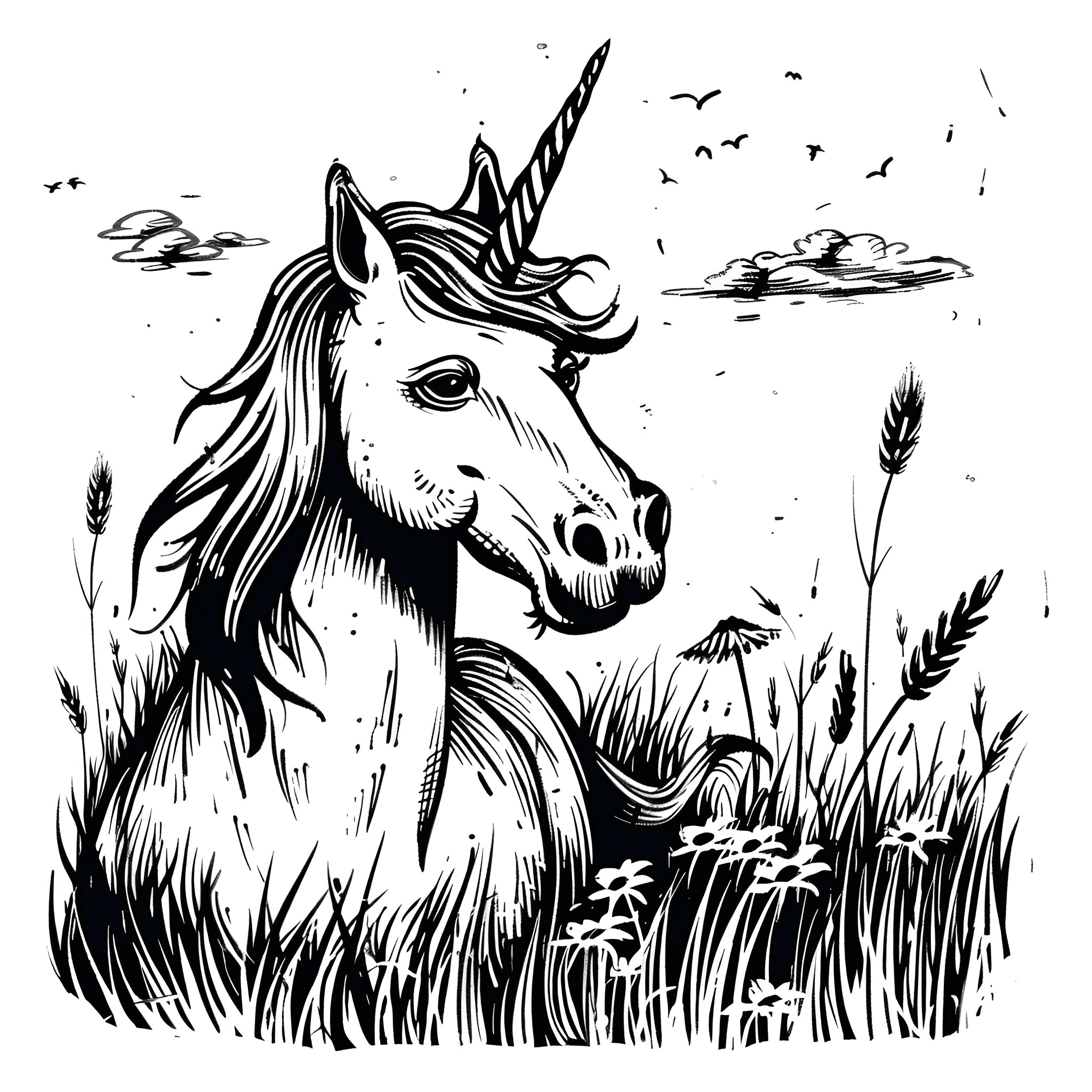 Fantasy unicorn in mystical landscape Drawing Idea (free black-and-white line drawing printable PDF for all, from beginners to advanced learners, including children, teens, adults, and seniors)
